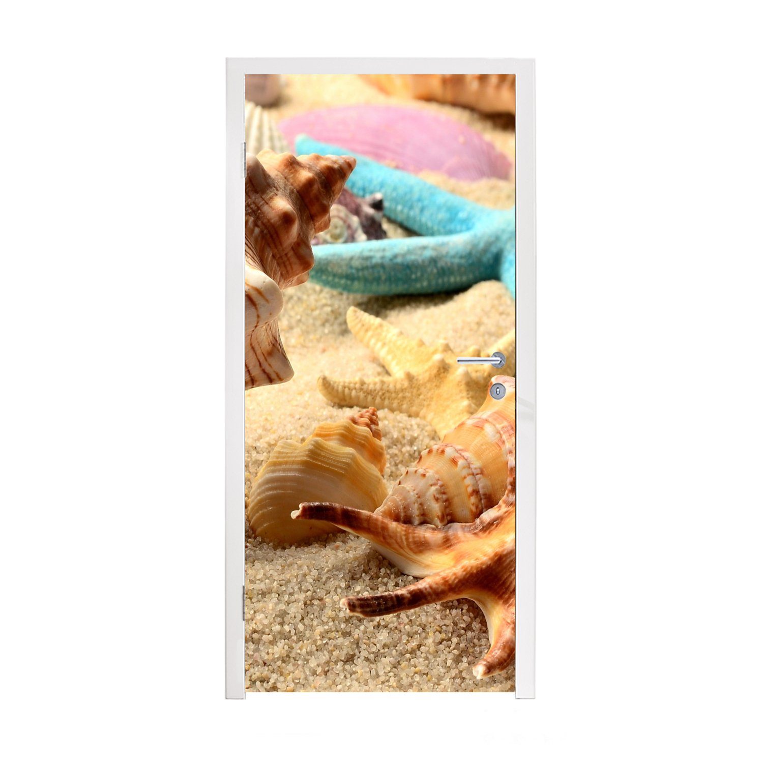 MuchoWow Türtapete Seesterne - Muscheln - Sand - Strand, Matt, bedruckt, (1 St), Fototapete für Tür, Türaufkleber, 75x205 cm