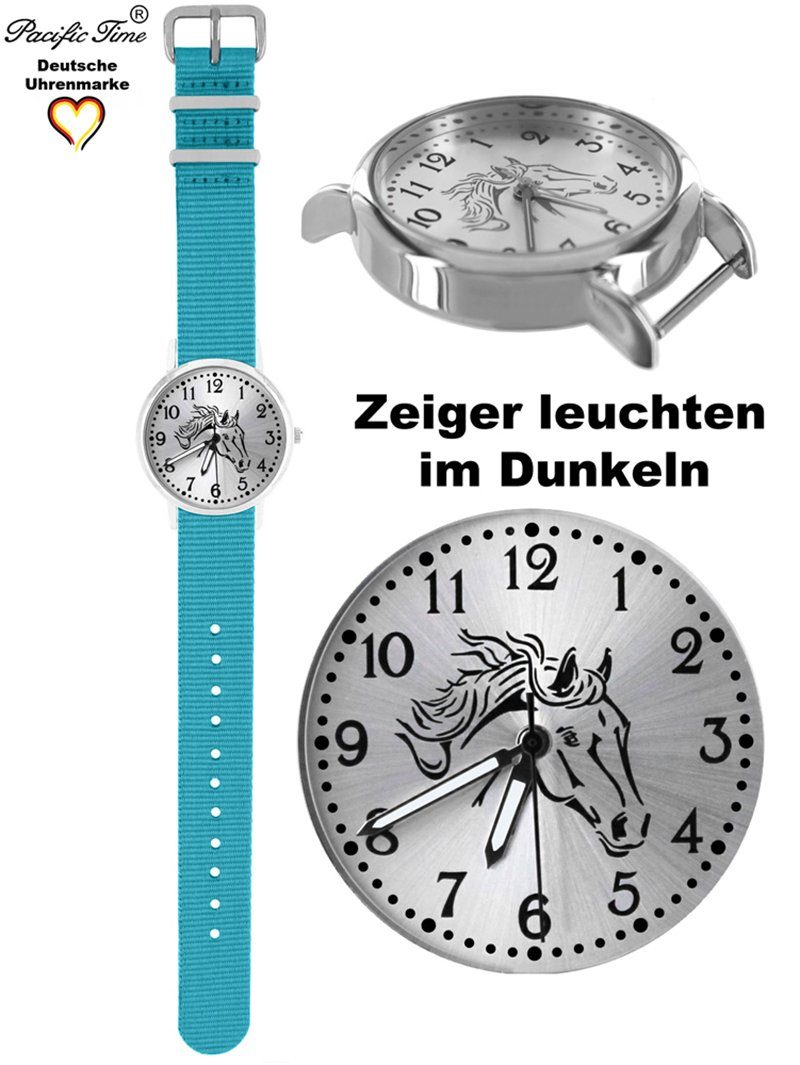 Pacific Time Quarzuhr Mix Wechselarmband, und - Design Gratis Armbanduhr Kinder schwarz Match Pferd Versand hellblau