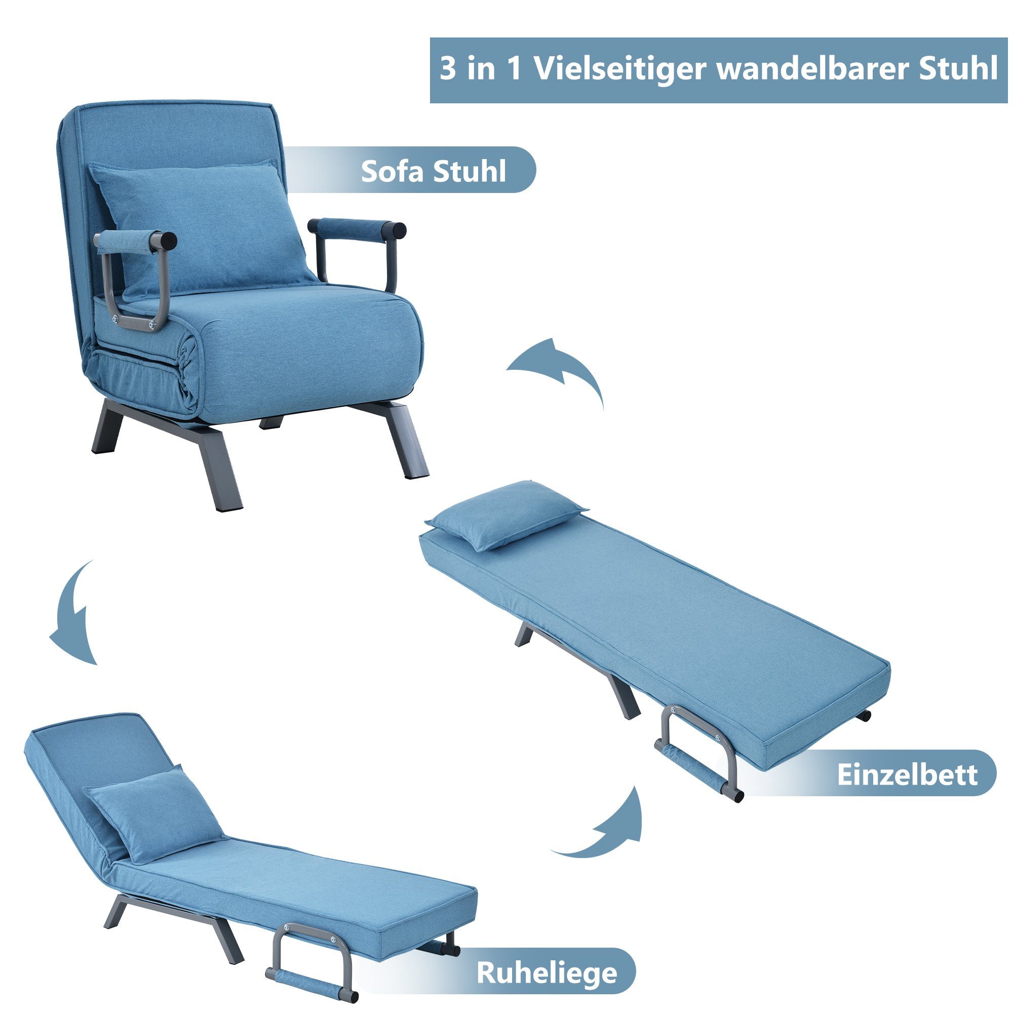Flieks Relaxliege, faltbarer Schlafsessel, klappbarer Blau Sessel mit Kissen, Bürosessel