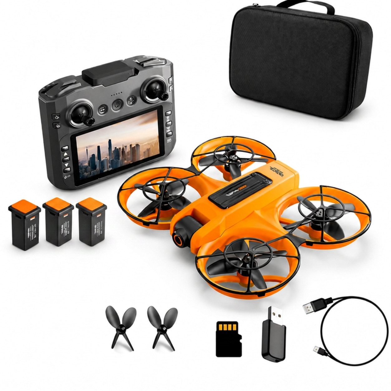Goldstern-Tech RC-Quadrocopter Drohne (mit 12,5-cm Full-HD Display-Fernsteuerung bis 60min Flugzeit, komplett geschütztem Propellerdesign inkl. 8GB SD-Karte), Dualkamera mit 90° Winkel & 50x Zoom, Optical-Flow, Brushless-Motoren