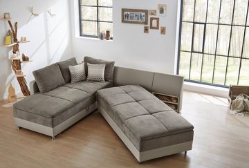 luma-home Ecksofa 15102, Dauerschläfer mit schwenkbarer Ottomane rechts 307x223 cm, Stauraum, Federkern, Boxspring, Topper, Mikrofaser Grau Braun, Kunstleder Beige