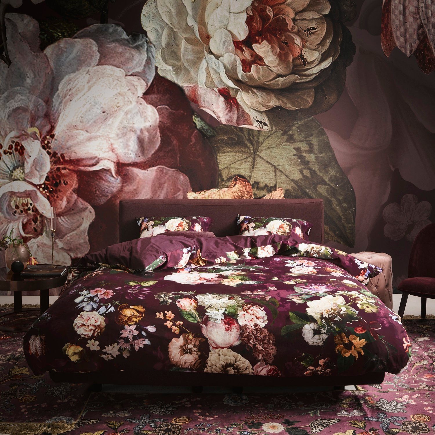 Essenza Bettwäsche Fleur Burgundy Satin, Satin, 2 teilig, Rosen, Lilien, Dahlien, Geblümt – Bild 3 von 4