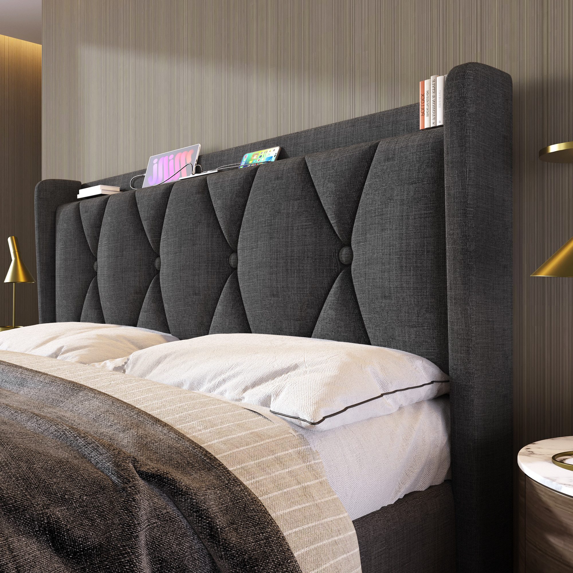 Luckice upholstered bed with USB charging function, headboard and 4 drawers (double bed 140x200cm storage bed frame), wooden slatted base