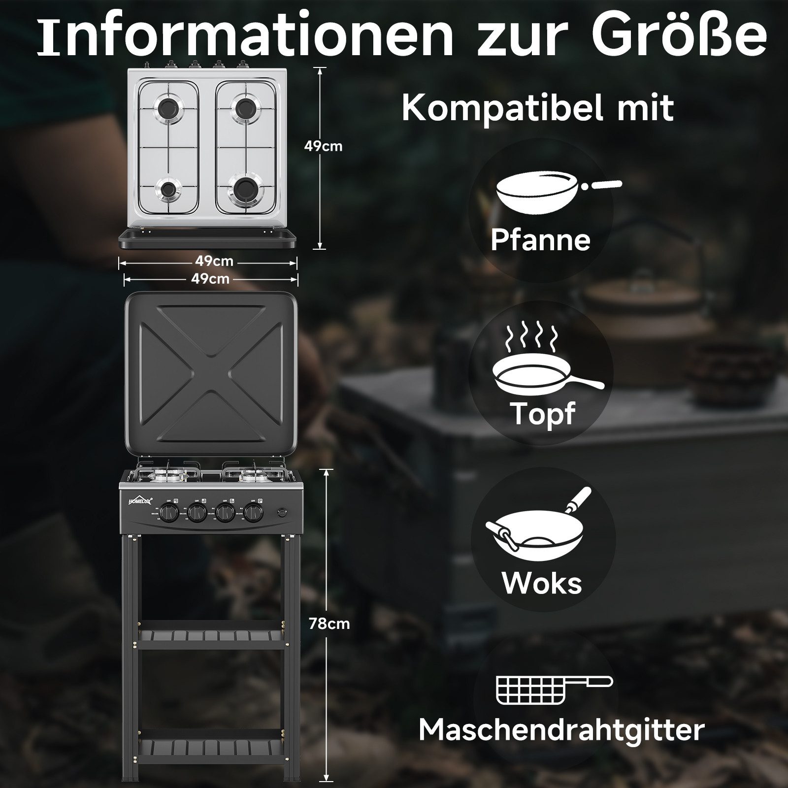 HOMELUX Gaskocher Campingkocher, 3/4/5 Flammig Gasherd Kochfeld, Campingkocher mit 1,5M Anschlussschlauch und Druckminderer 50 mbar