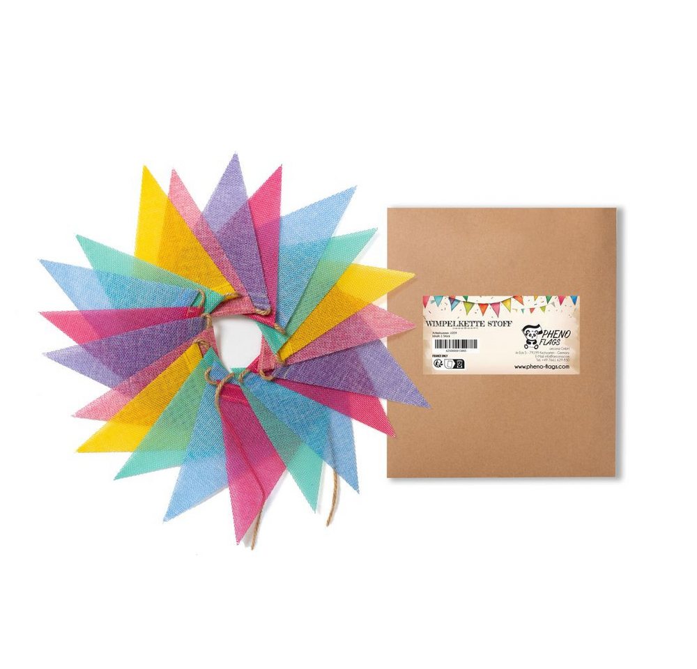 PHENO FLAGS Flagge Wimpelkette aus reinem Leinen-Stoff mit 6 Farben, 5 m, Outdoor & Indoor geeignete, wiederverwendbar