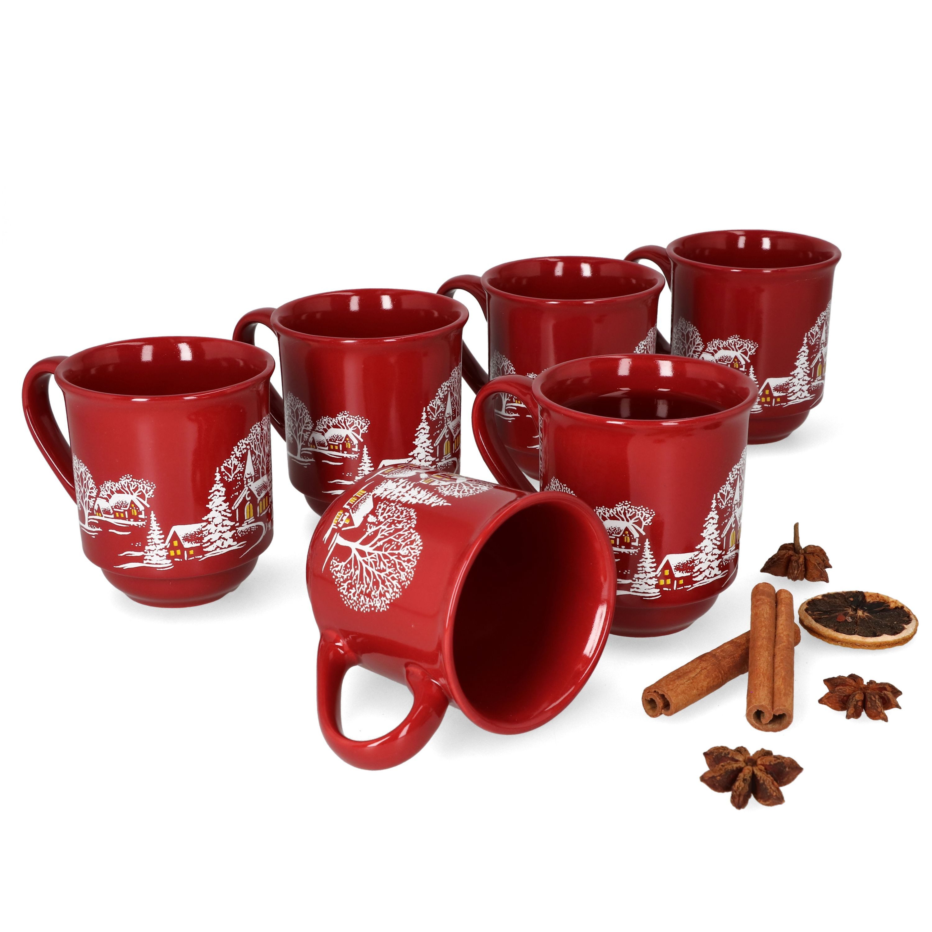 MamboCat Tasse 6er Set Glühweinbecher in dunkelrot Weihnachtslandschaft 0,2L geeicht, Porzellan, Weihnachtsgeschirr, Weihnachten, Weihnachtsmarkt, Punsch