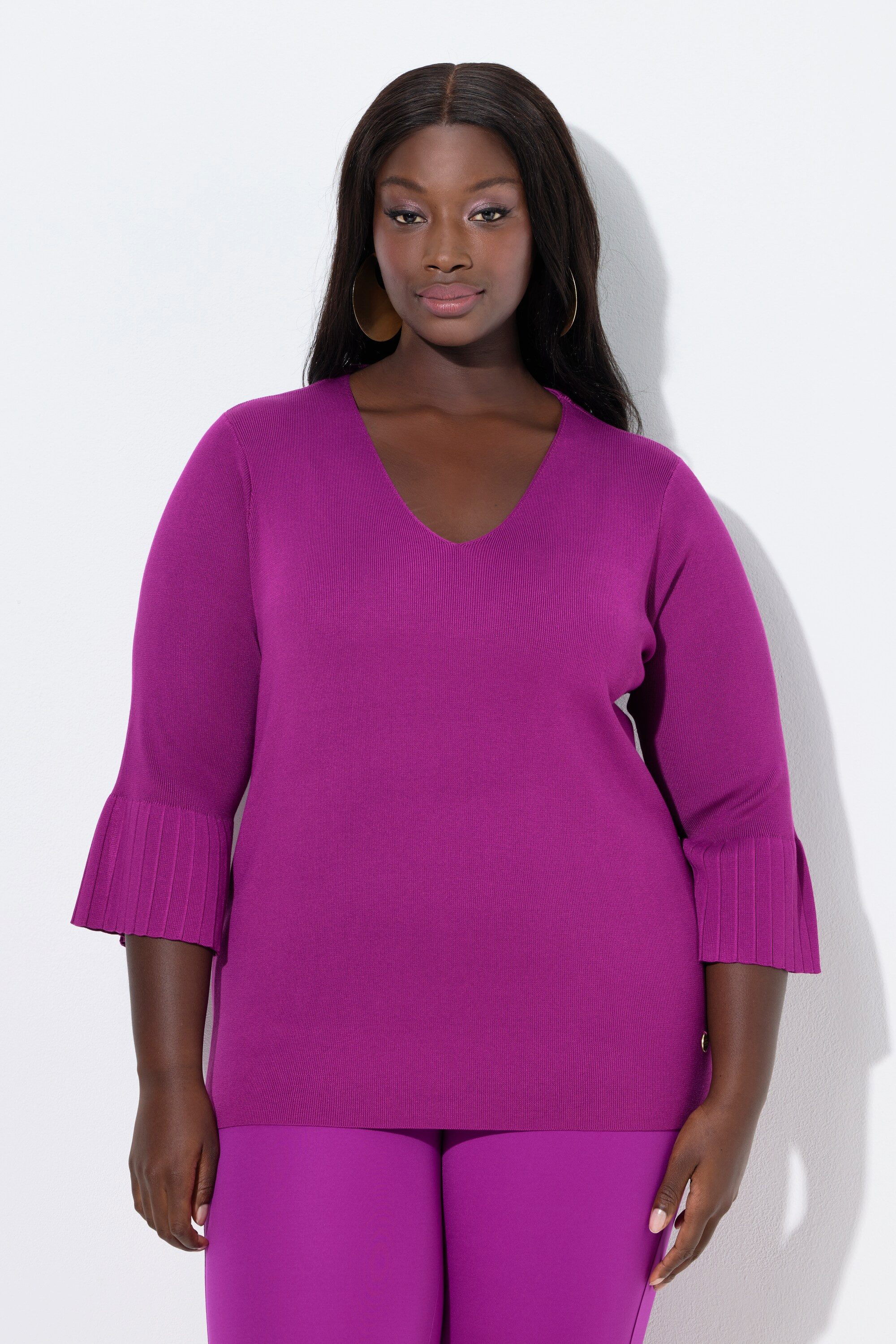 Ulla Popken Strickpullover Pullover Feinrippstrick V-Ausschnitt