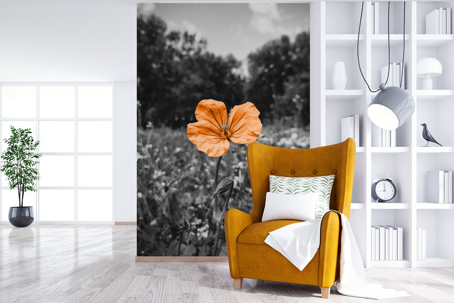 (3 Tapete Montagefertig - Wohnzimmer, - MuchoWow bedruckt, Weiß Fototapete Orange, - für Vinyl Blumen St), Wandtapete Matt, Schwarz
