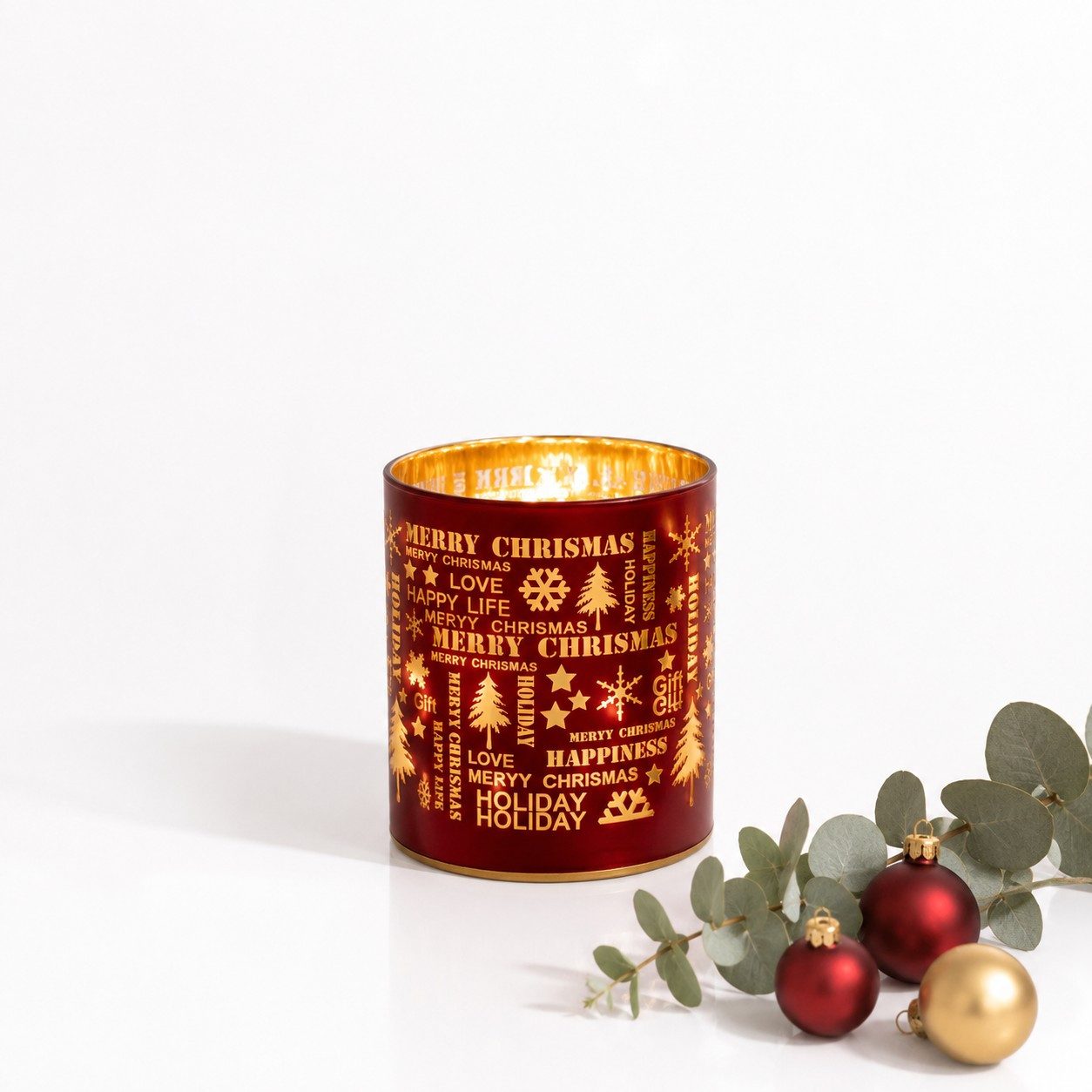 Wurm LED Windlicht LED Windlicht Merry Christmas Rot Gold Weihnachtsdeko Glas mit LED, LED fest integriert