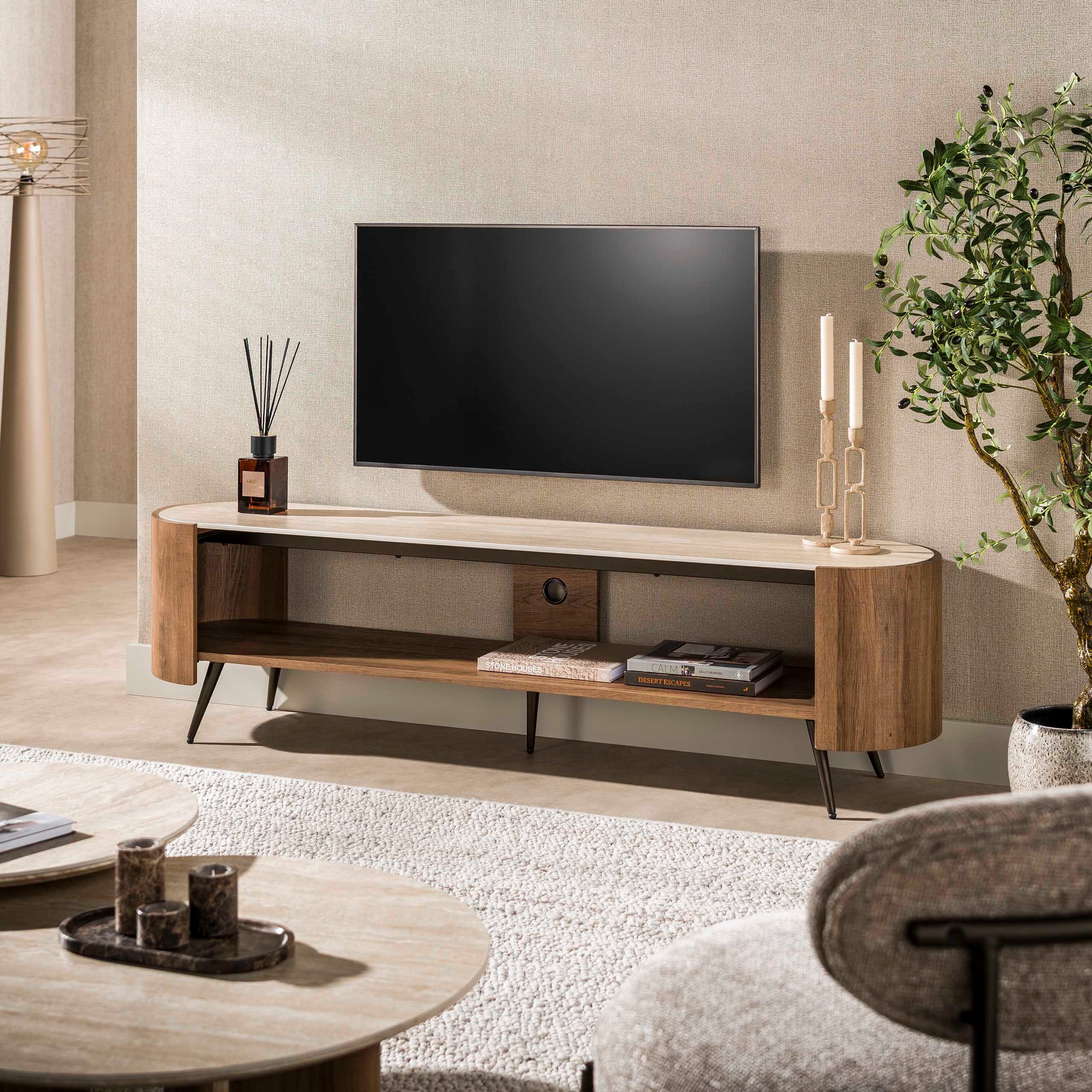 Sitheim® TV-Board TV-Möbel Arcus 180cm / Keramik travertin, Offenes Fach über gesamte Breite