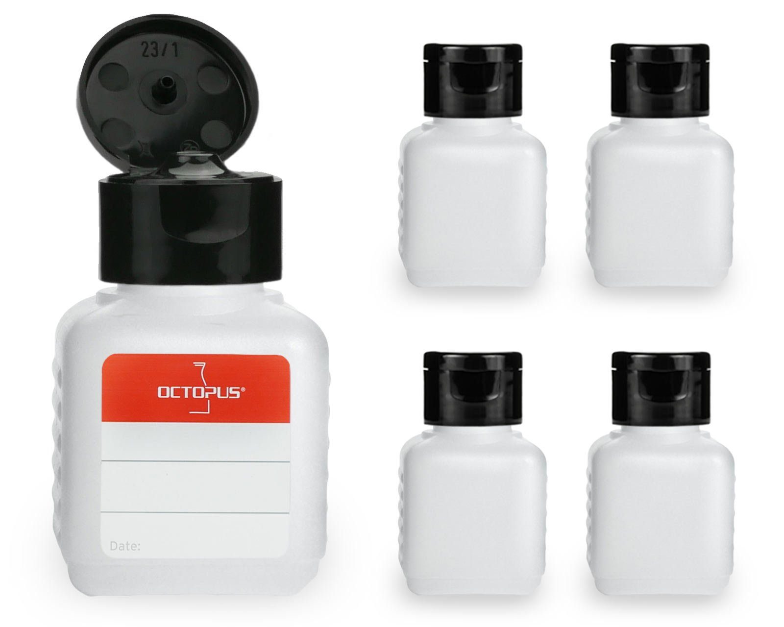 OCTOPUS Kanister 5 Plastikflaschen 50 ml eckig aus HDPE, natur, G25, Klappscharniervers (5 St) | Kanister
