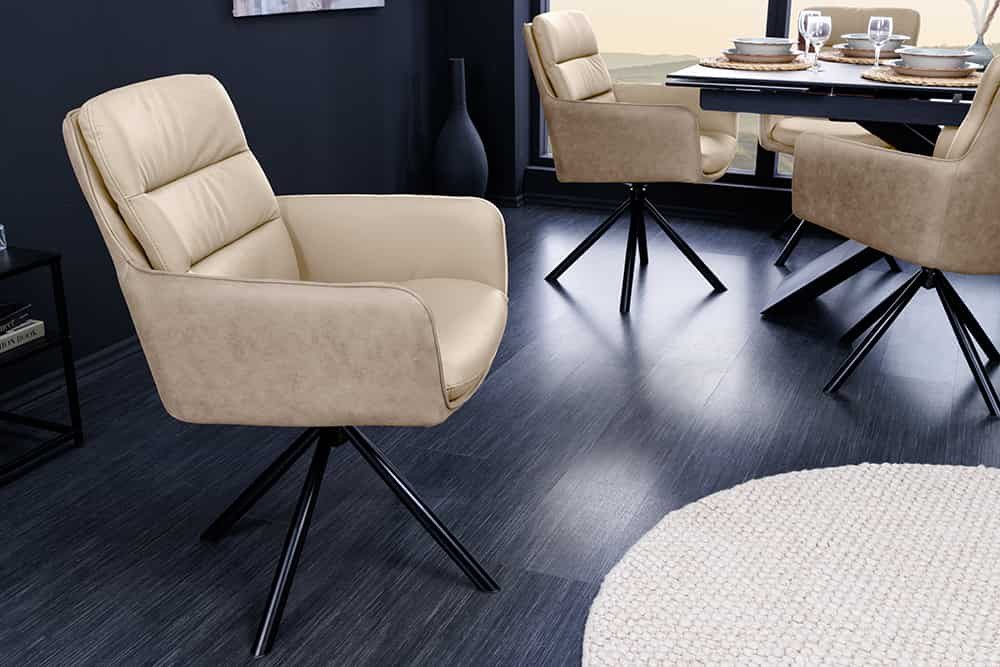 LebensWohnArt Stuhl Bequemer Drehstuhl CHARLES III beige Echtleder sand Mikrofaser