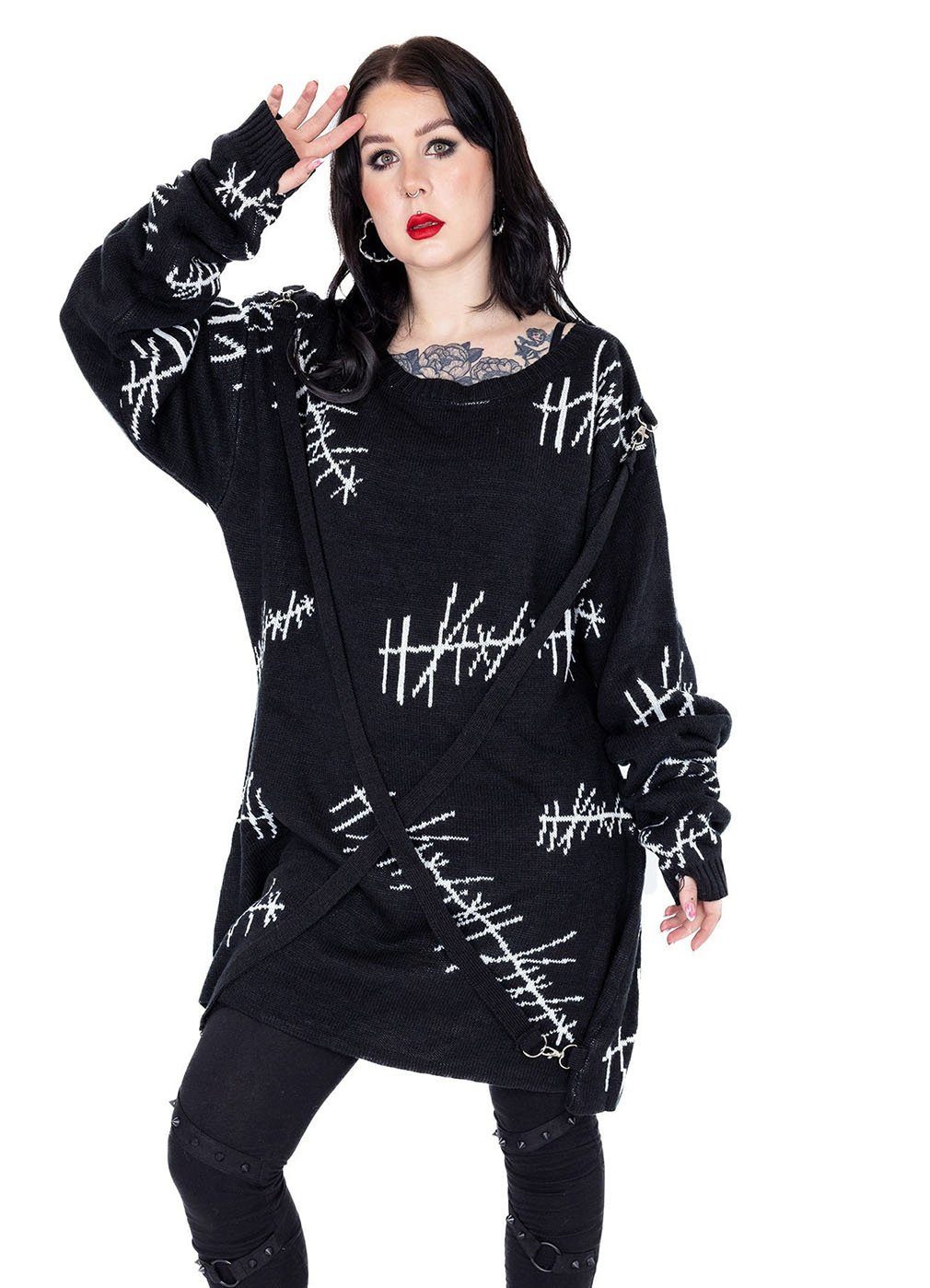 Heartless Strickpullover Stitch Me Strickpulli Gothic Punk Grunge Extralang günstig online kaufen