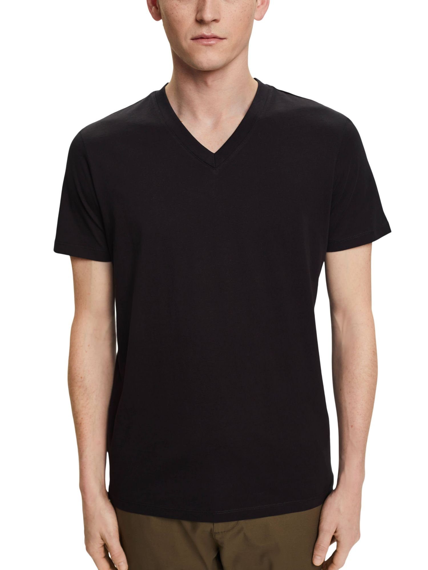 Esprit T-Shirt T-Shirt mit BLACK (1-tlg) Slim Fit aus V-Ausschnitt, Baumwolle