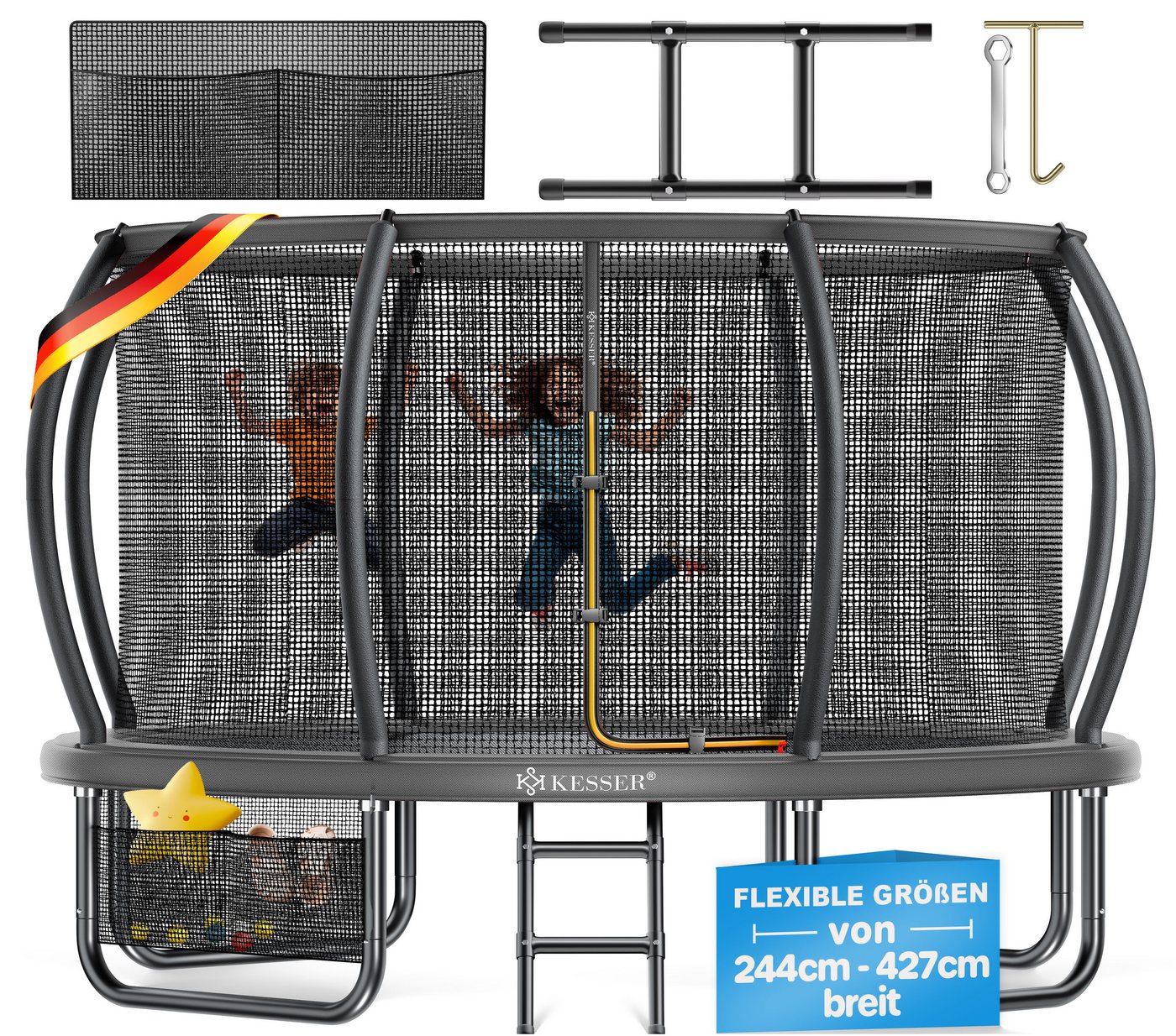 KESSER Gartentrampolin Trampolin Outdoor GS-geprüft Ø 244cm für Kinder bis 50kg, Ø 244 cm, inklusive Sicherheitsnetz, Tasche, Leiter, Randabdeckung & Netzstangen