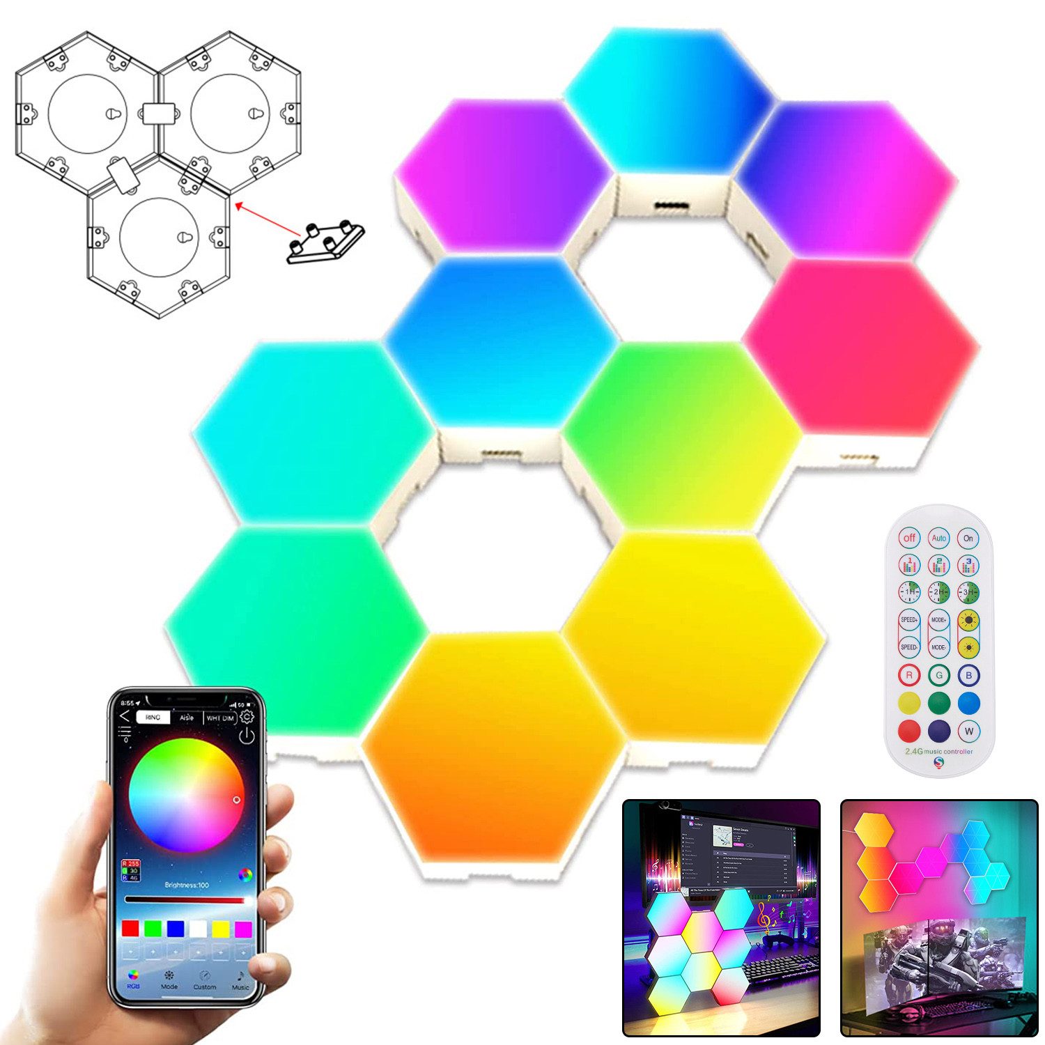 LED Dekolicht RGB Smart LED Hexagon Panel Wandleuchte, Musik Sync