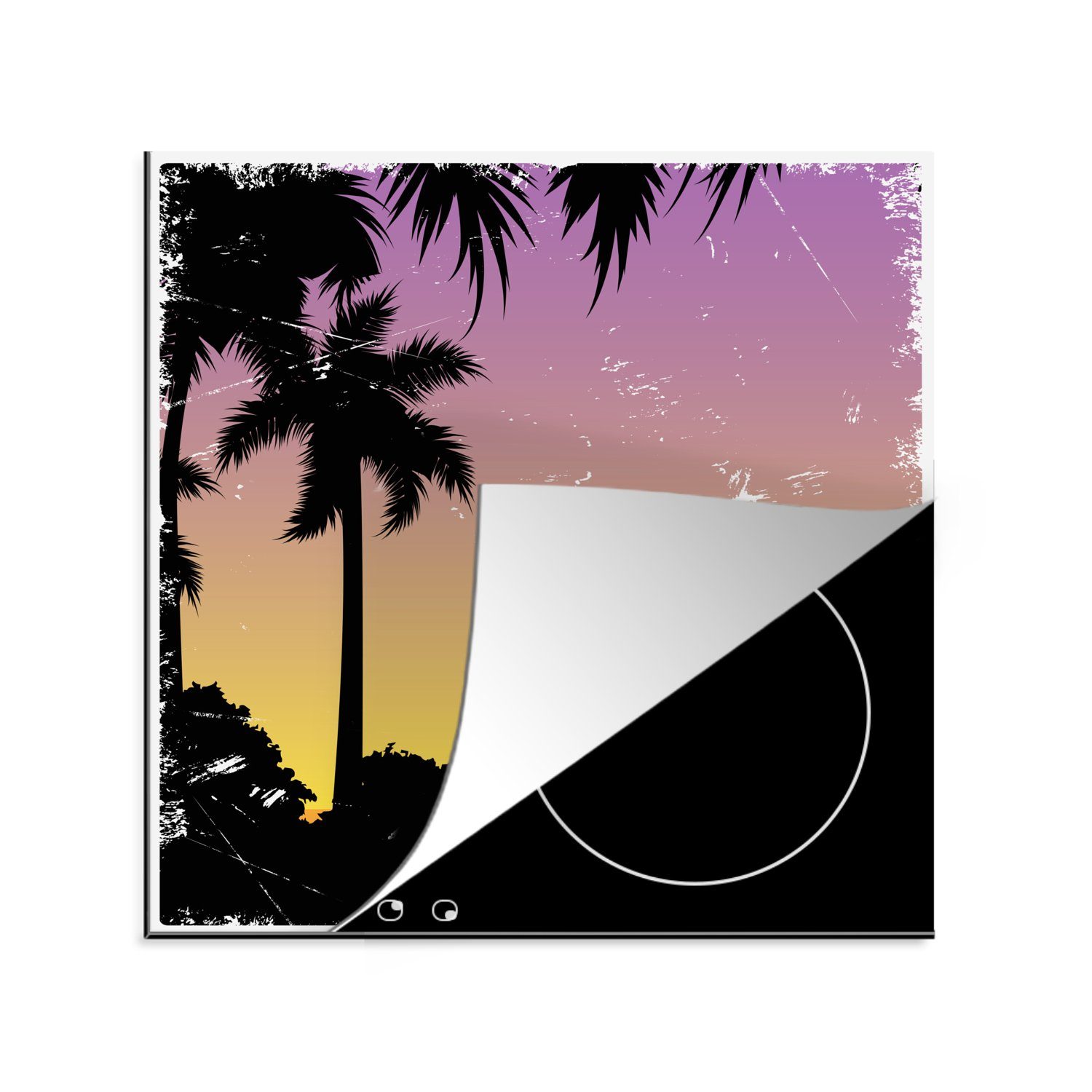 Arbeitsplatte - Meer für 78x78 MuchoWow - Vinyl, - Segelboot (1 Ceranfeldabdeckung, Nacht, tlg), Herdblende-/Abdeckplatte cm, küche Palme