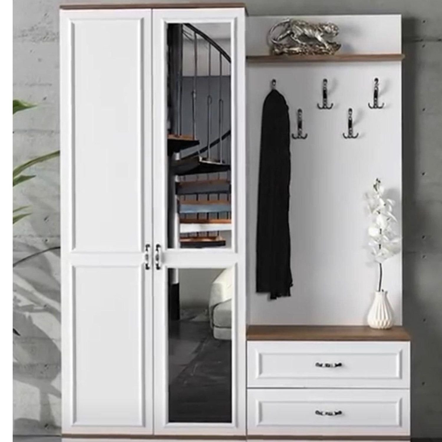 alesvelt Garderobenschrank OLGA Weiß Matt 150x40x196 cm (7-tlg) Schublade, Spiegel, Schuhregal