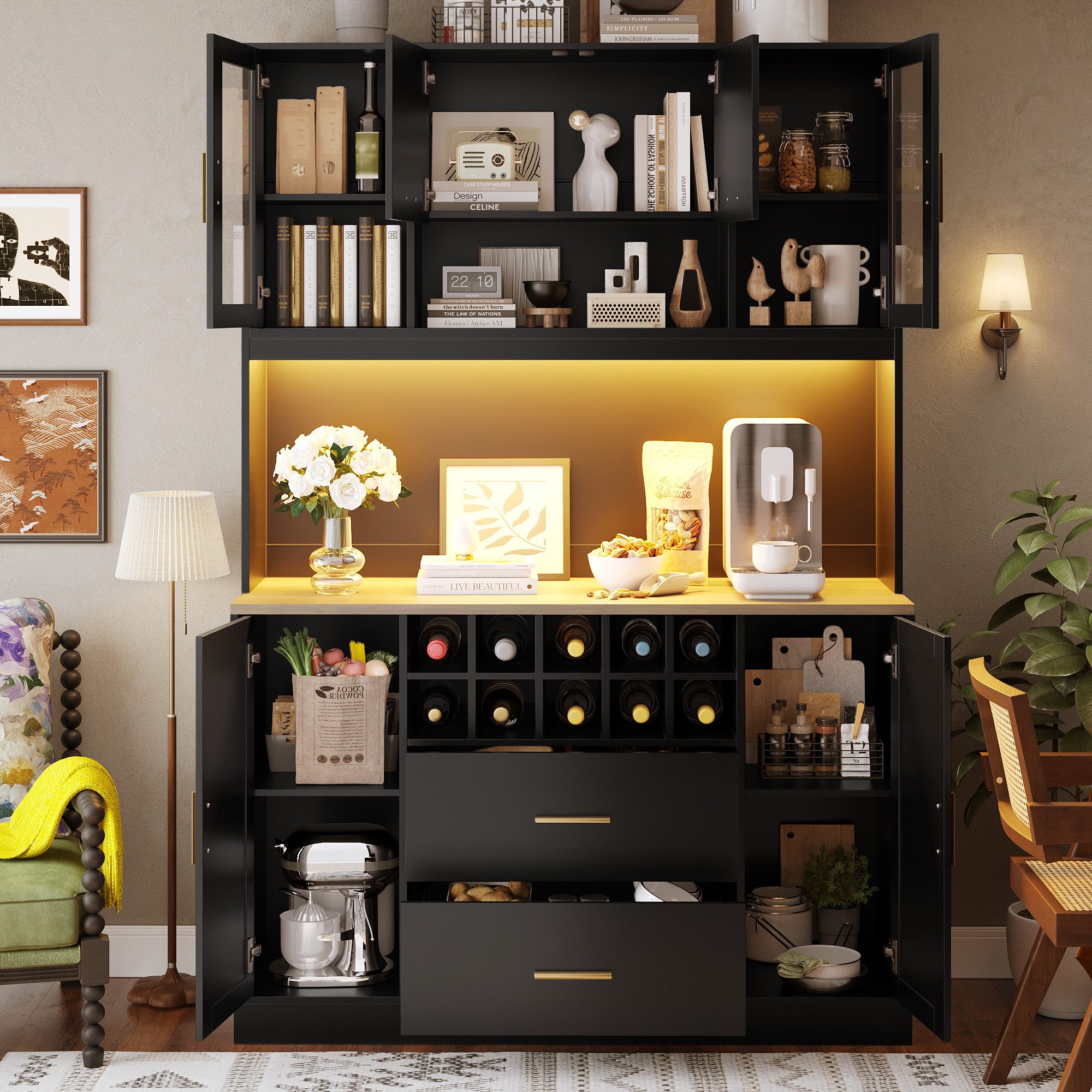 Flieks Küchenbuffet mit LED-Beleuchtung, Steckdose, Weinregal, 2 Schubladen günstig online kaufen