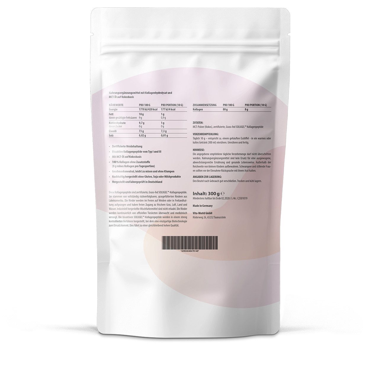 vitaworld Kollagen MCT Pulver Grassfed, aus zertifizierter Weidehaltung Pulver, 300 g