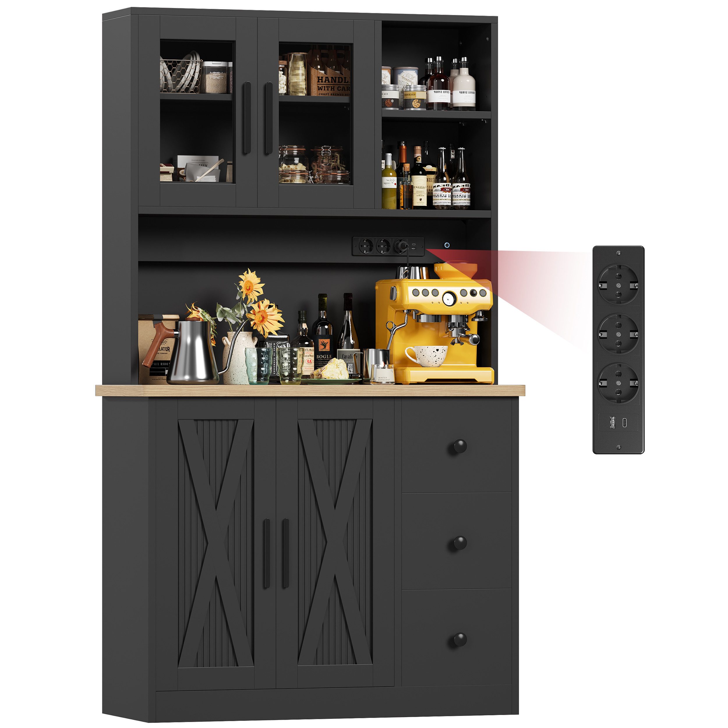 HOMALL Küchenbuffet Hohe Schränke, Küchenzeilen, Sideboards, mit LED-Beleuchtung (Maße: 80/100 × 40 × 182 cm, mit 3 Schubladen + 3 Schranktüren + 1 offenem Stau – Bild 5 von 5