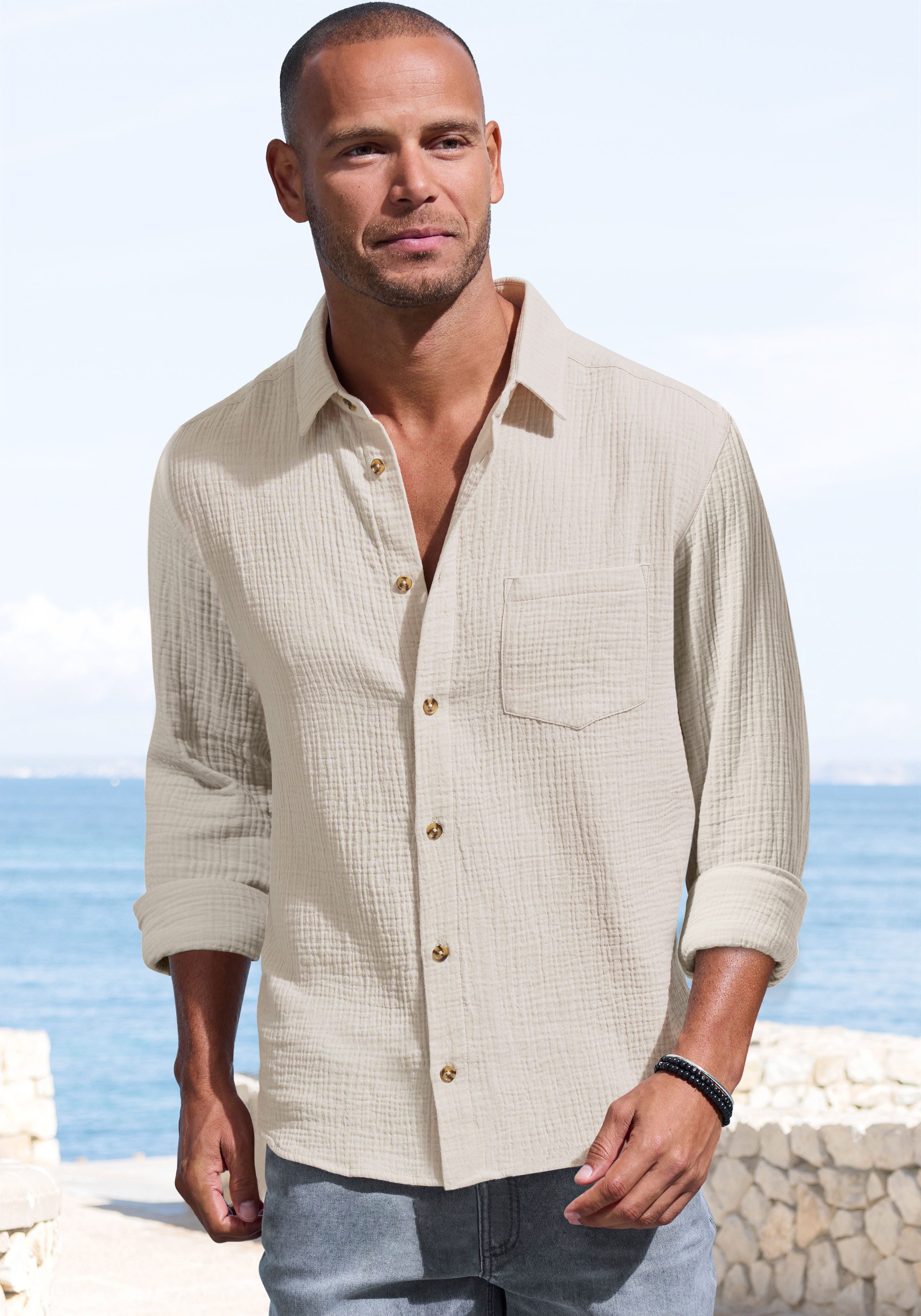 Beachtime Langarmhemd Regular fit Langarm, Freizeithemd aus Musselin-Ware