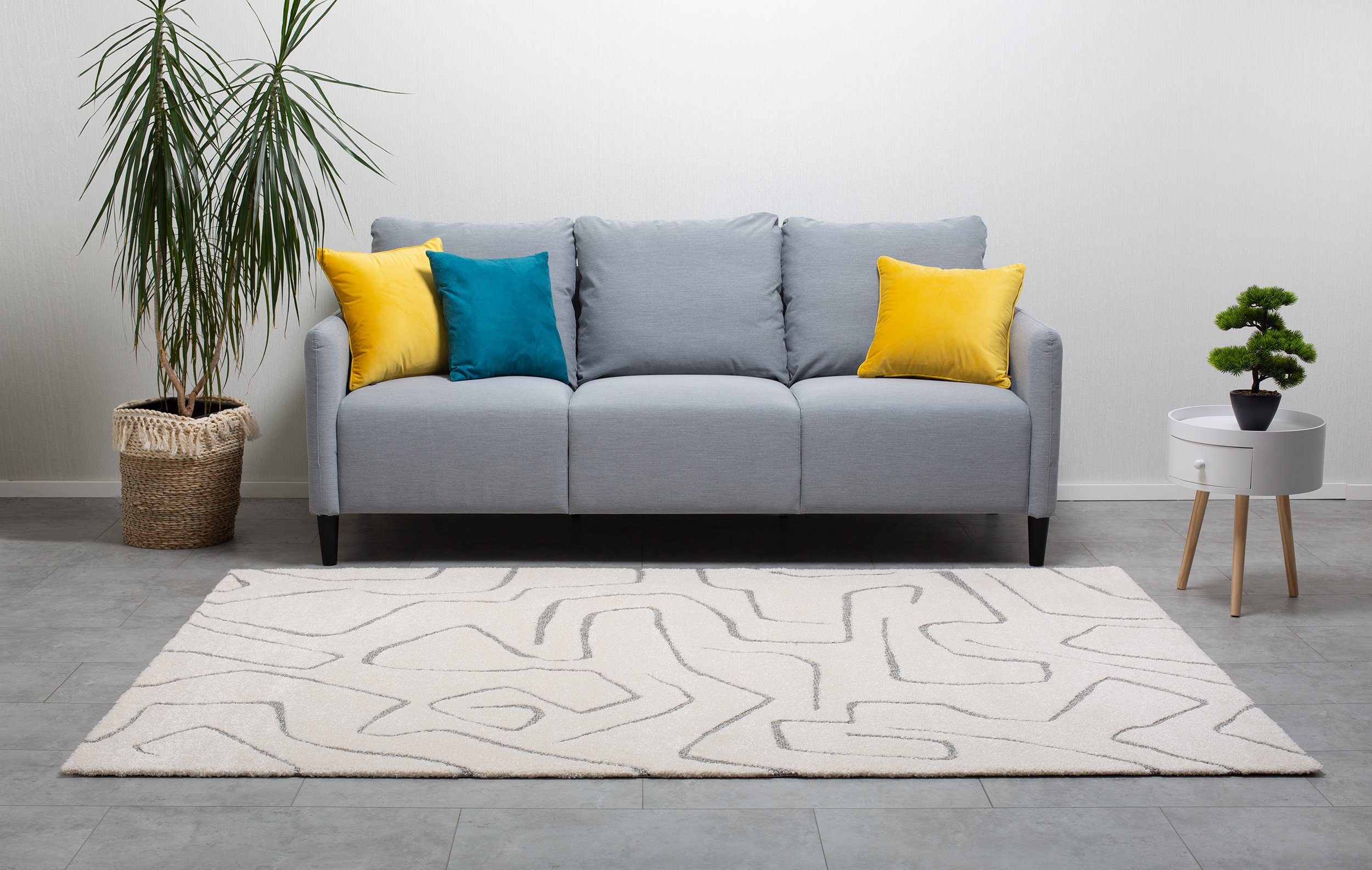 Teppich Teppich MANOAH im modernen Stil - extravaganter Kurzflor für Wohnzimmer/Schlafzimmer/Esszimmer, Kunstfaser, DomDeco Creme