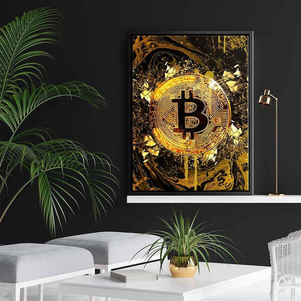 DOTCOMCANVAS® Motivation Leinwandbild Bitcoin mi Goldrush Trading weißer Motiv Leinwandbild, Rahmen Börse Crypto