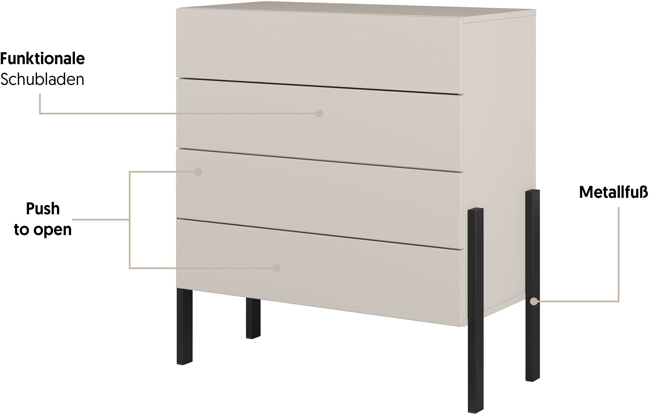 OTTO home Kommode Jukon, Breite 84 cm, moderne grifflose Kommode, Schubladenkommode mit 4 Schubkästen, push to open Funktion