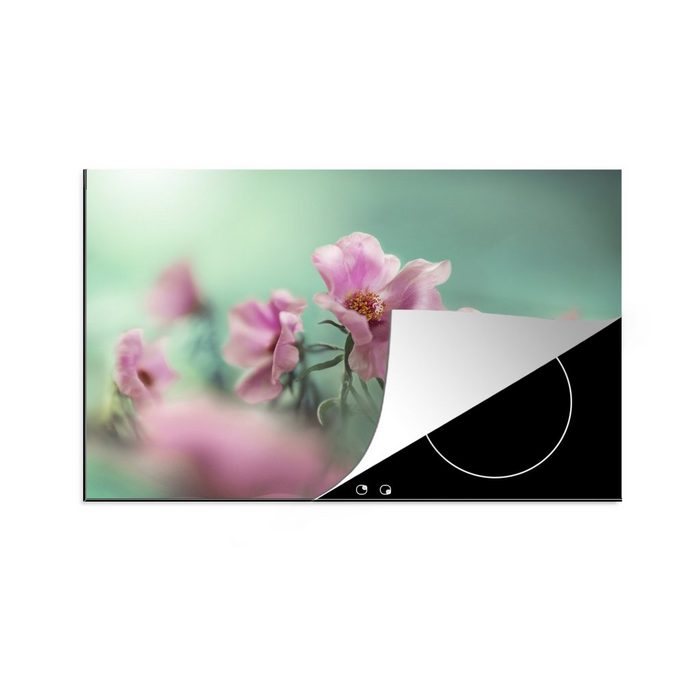 MuchoWow Herdblende-/Abdeckplatte Blätter einer rosa Tulpe mit türkisfarbenem Hintergrund Vinyl (1 tlg) Ceranfeldabdeckung für die küche Induktionsmatte