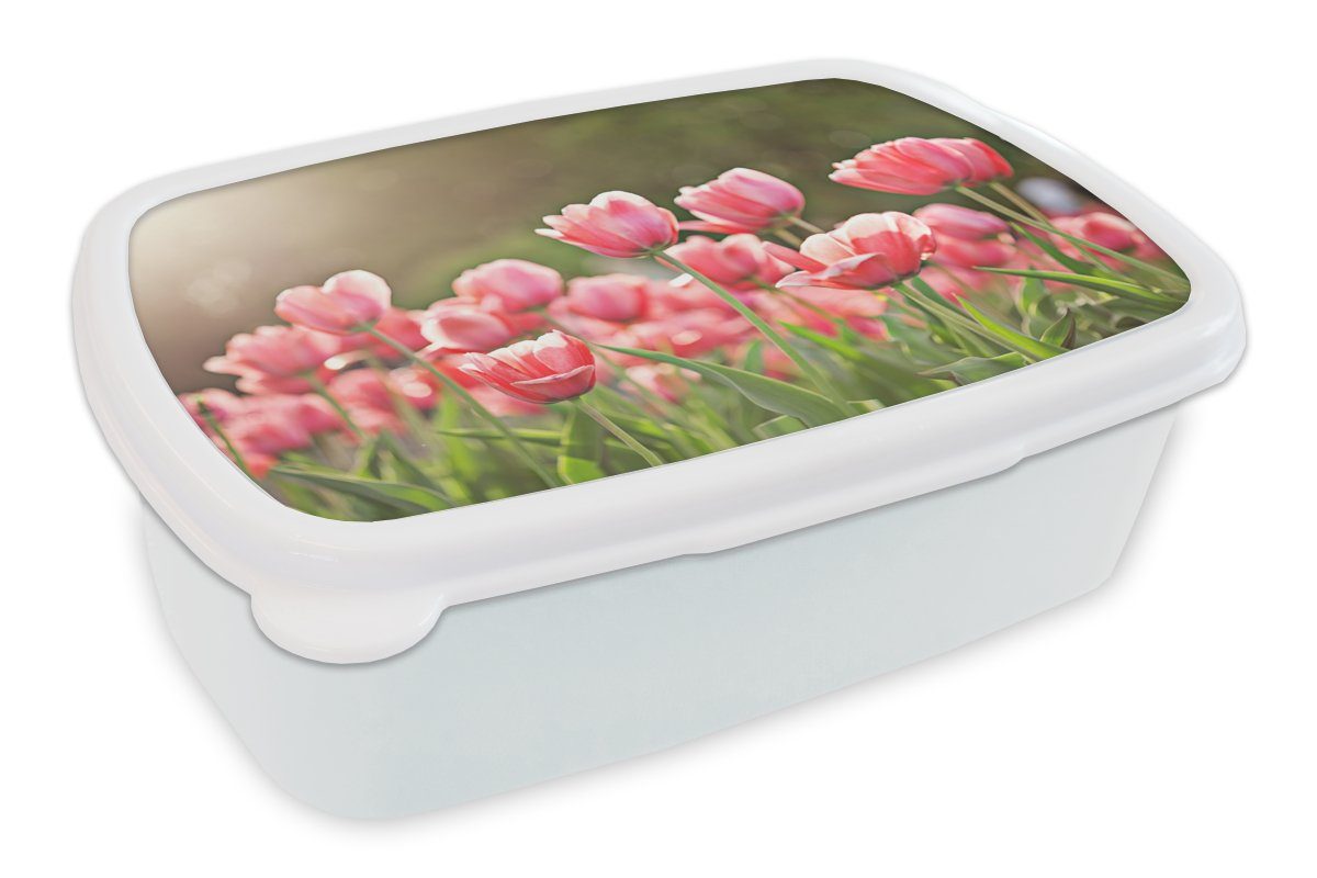MuchoWow Lunchbox Tulpen - Sonne - Frühling, Kunststoff, (2-tlg), Brotbox für Kinder und Erwachsene, Brotdose, für Jungs und Mädchen weiß