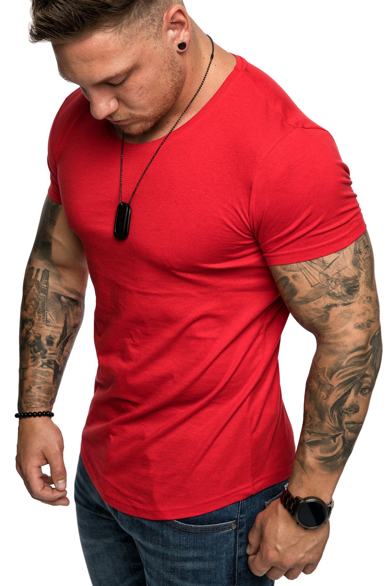 Shop von guter Qualität Amaci&Sons T-Shirt TACOMA Basic T-Shirt Herren Crew Rot Einfarbig Rundhalsausschnitt Vintage mit Rundhalsausschnitt Neck Shirt Basic