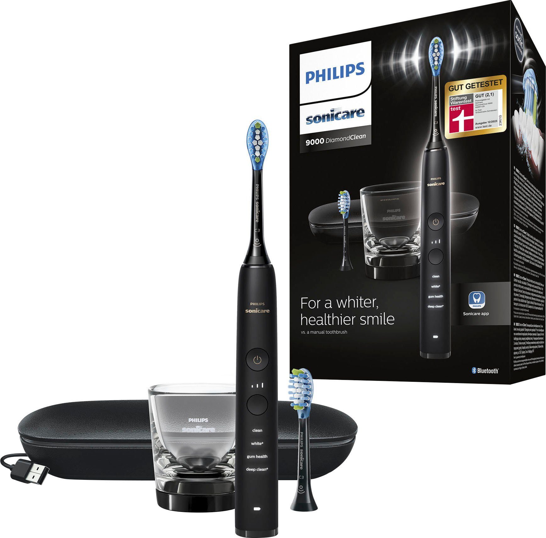 Philips Sonicare Elektrische Zahnbürste DiamondClean 9000 HX9913/18, Aufsteckbürsten: 2 St., mit integriertem Drücksensor, 4 Putzprogramme und 3 Intensitätsstufen