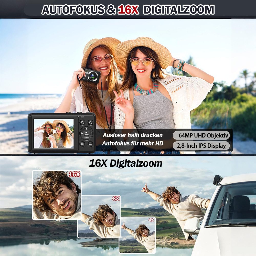 TUWENA 4K 64MP Digitalkamera mit 32 GB TF-Karte, Autofokus Fotoapparat Vollformat-Digitalkamera (mit 16X Digitalzoom Tragbar Kompaktkamera mit 1200mAh Batterie)