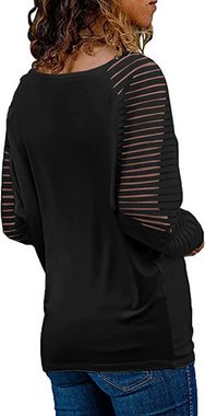 FIDDY Longbluse Women's Patchwork Langarm Top Stripe Lose Shirt T Shirt