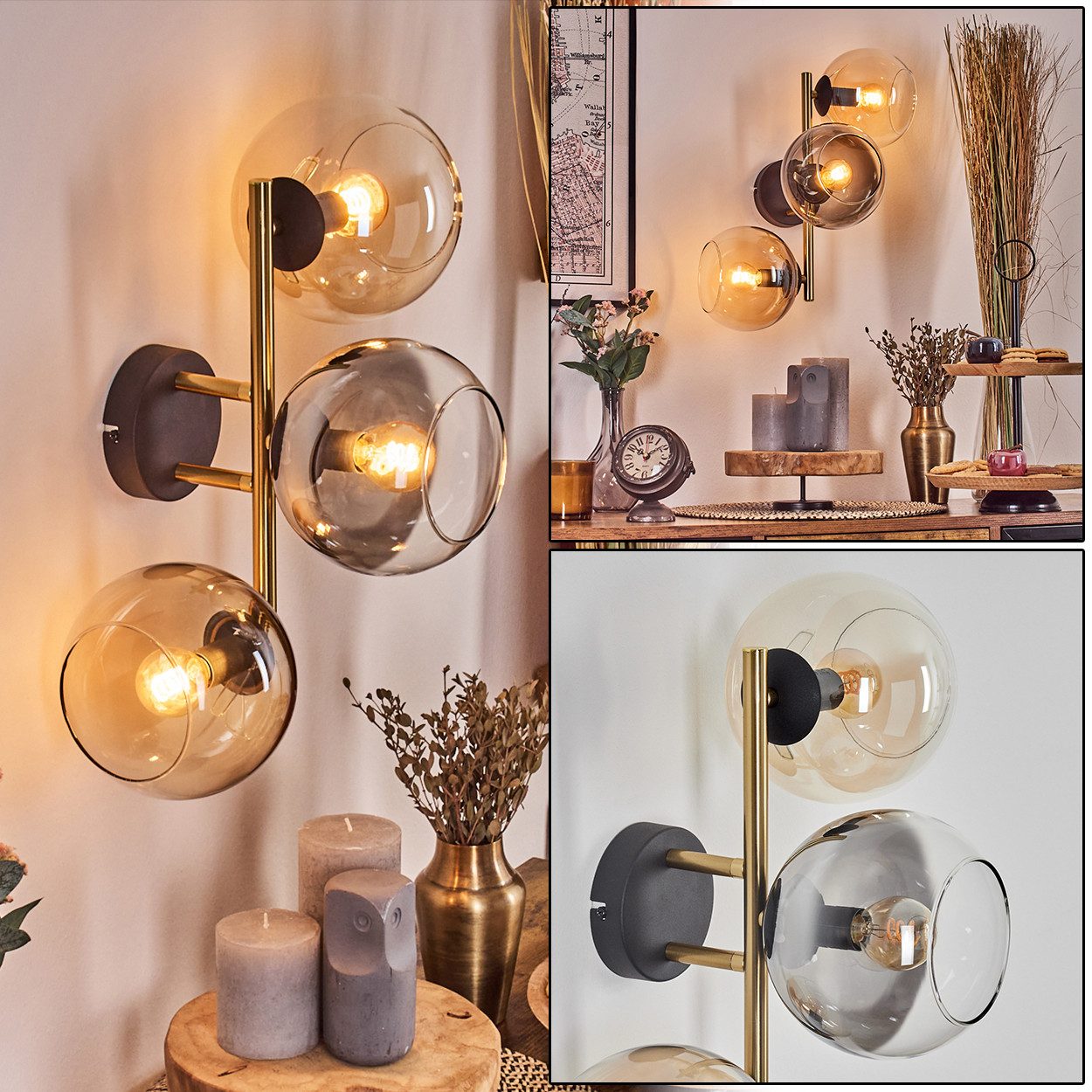 Wandleuchte Wandlampe aus Metall/Glas in Schwarz/Gold/Bernstein/Rauch/Klar