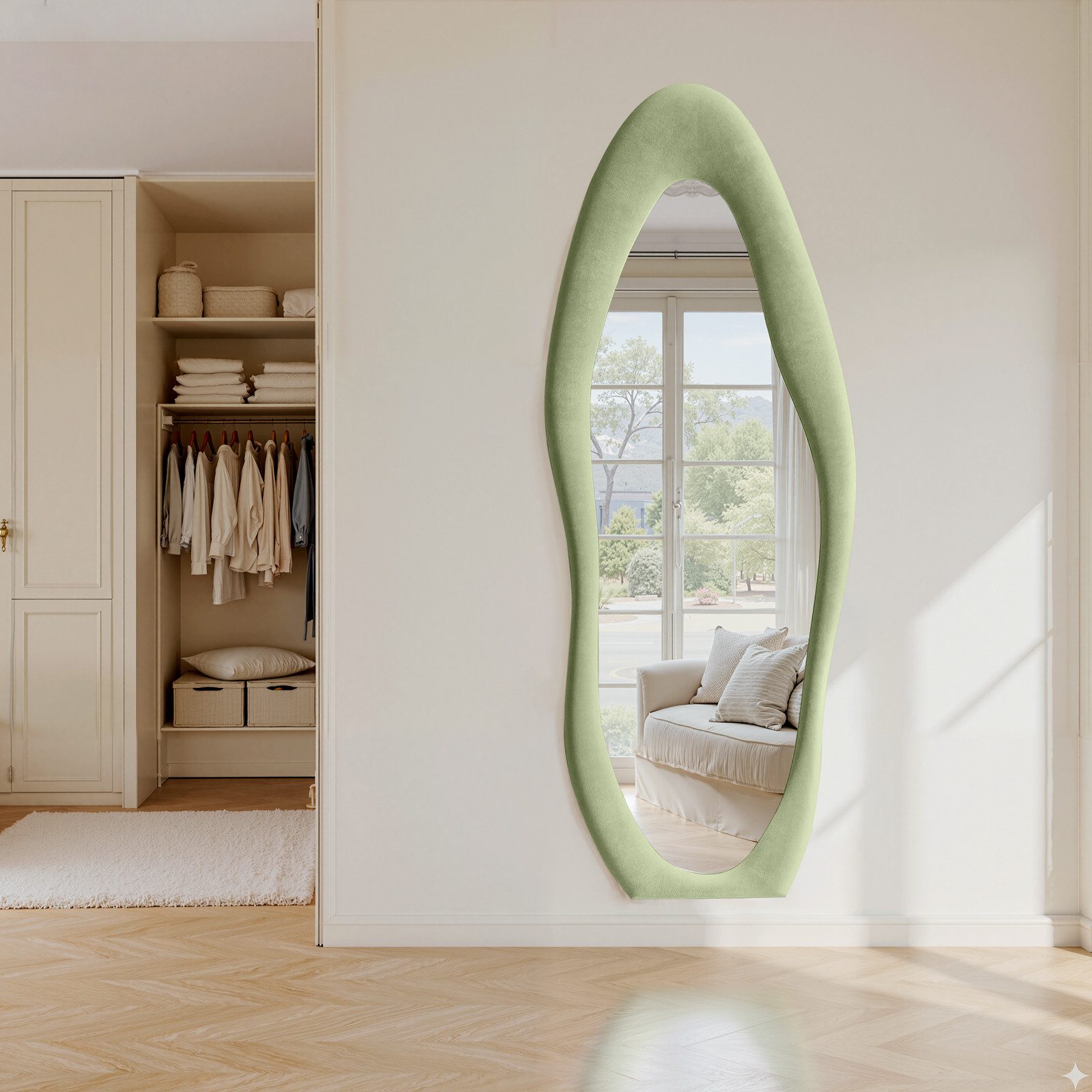 LUNAMIRROR Ganzkörperspiegel in organische Form, mit Samtbezug und Holzrahmen (1-St), stehend & hängend, 160x60 cm