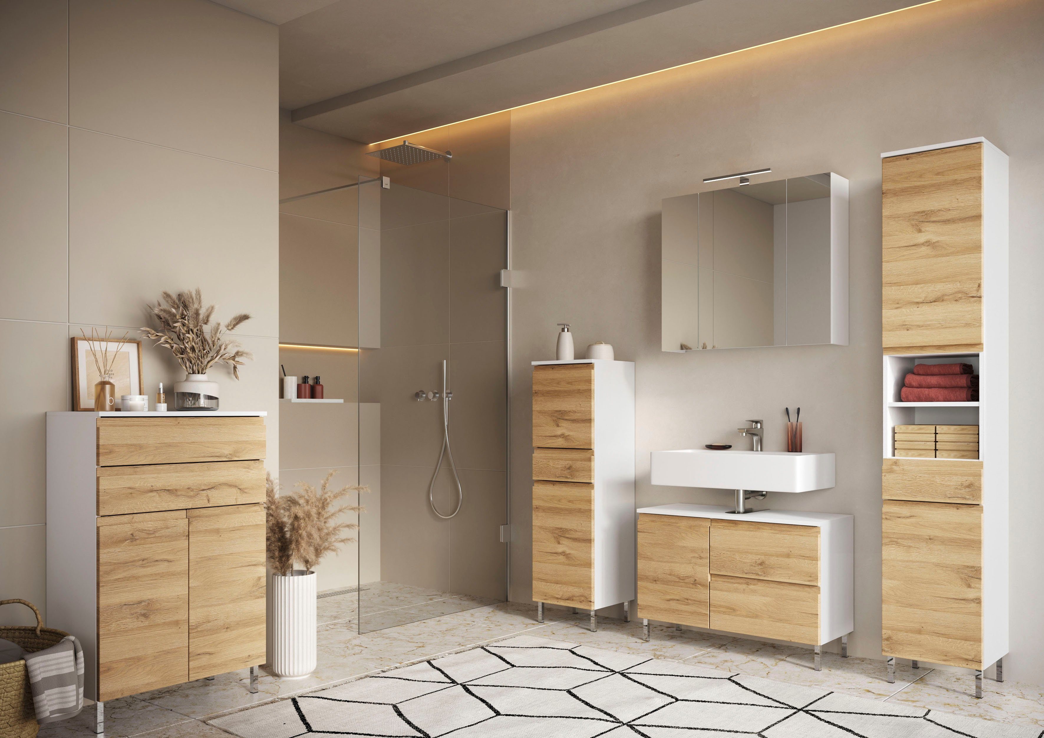 GERMANIA Waschbeckenunterschrank Torrance (in 2 Breiten) mit Schublade & Füßen aus Metall, griffloses Design, Made in Germany