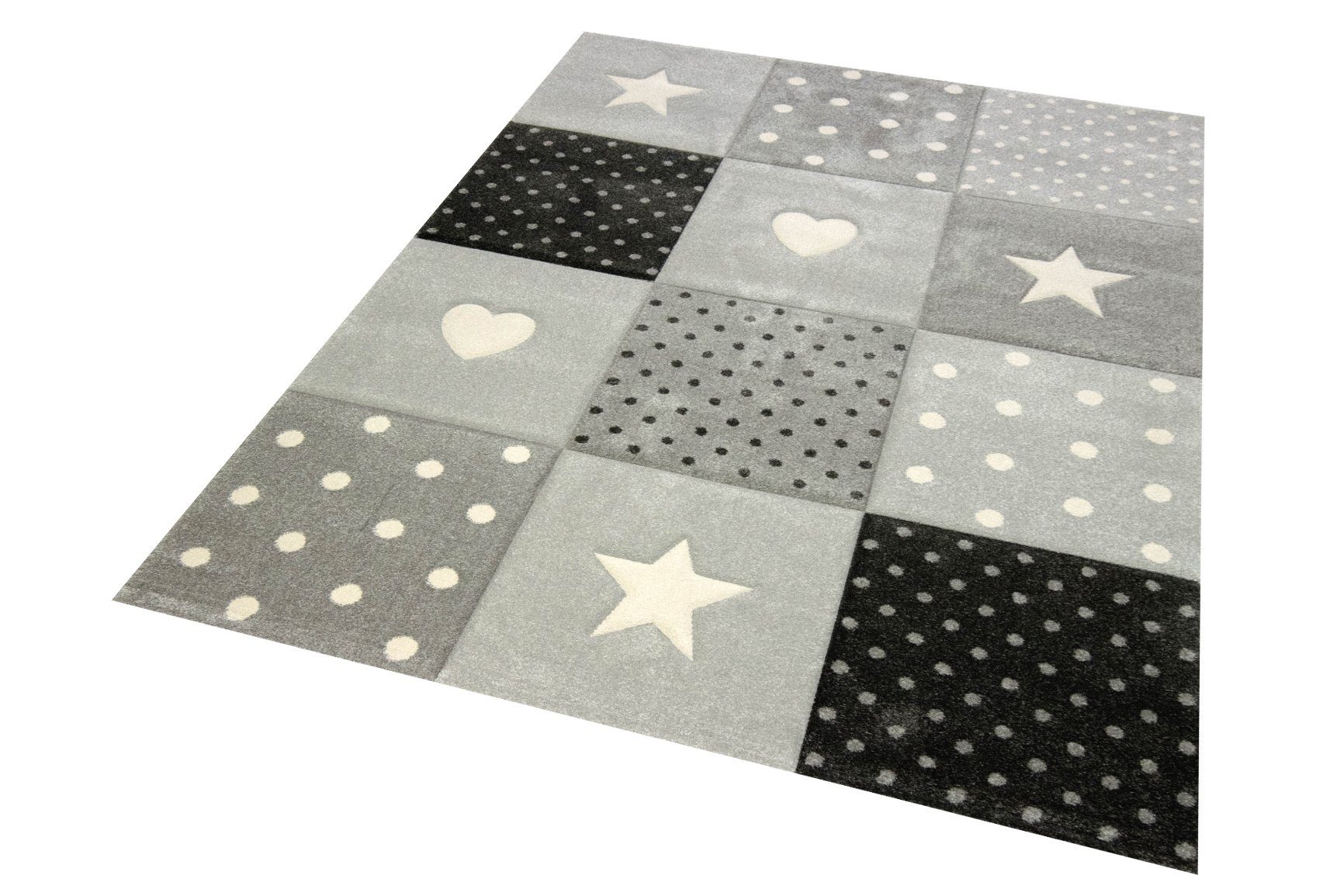 Carpetia Kinderteppich Kinderteppich Kinderzimmer Punkte Herz Stern Design creme schwarz grau, rechteckig, Höhe: 13 mm