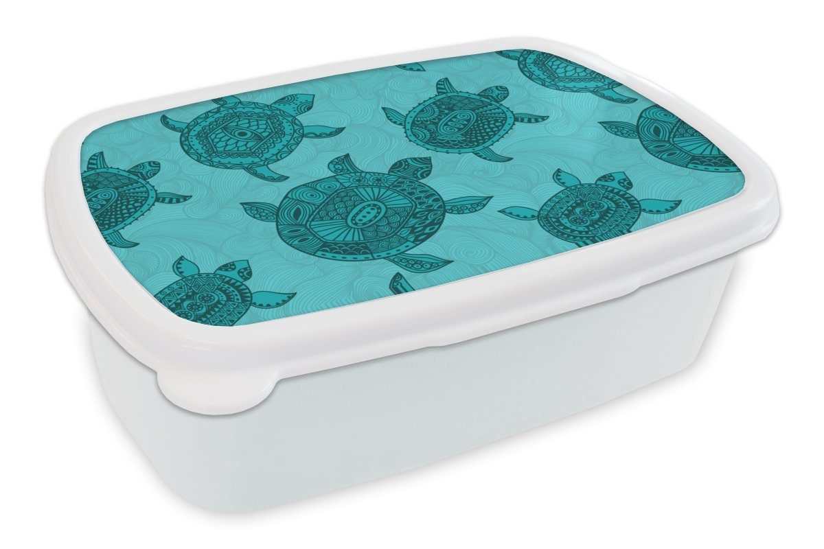 MuchoWow Lunchbox Schildkröte - Muster - Indonesien, Kunststoff, (2-tlg), Brotbox für Kinder und Erwachsene, Brotdose, für Jungs und Mädchen weiß