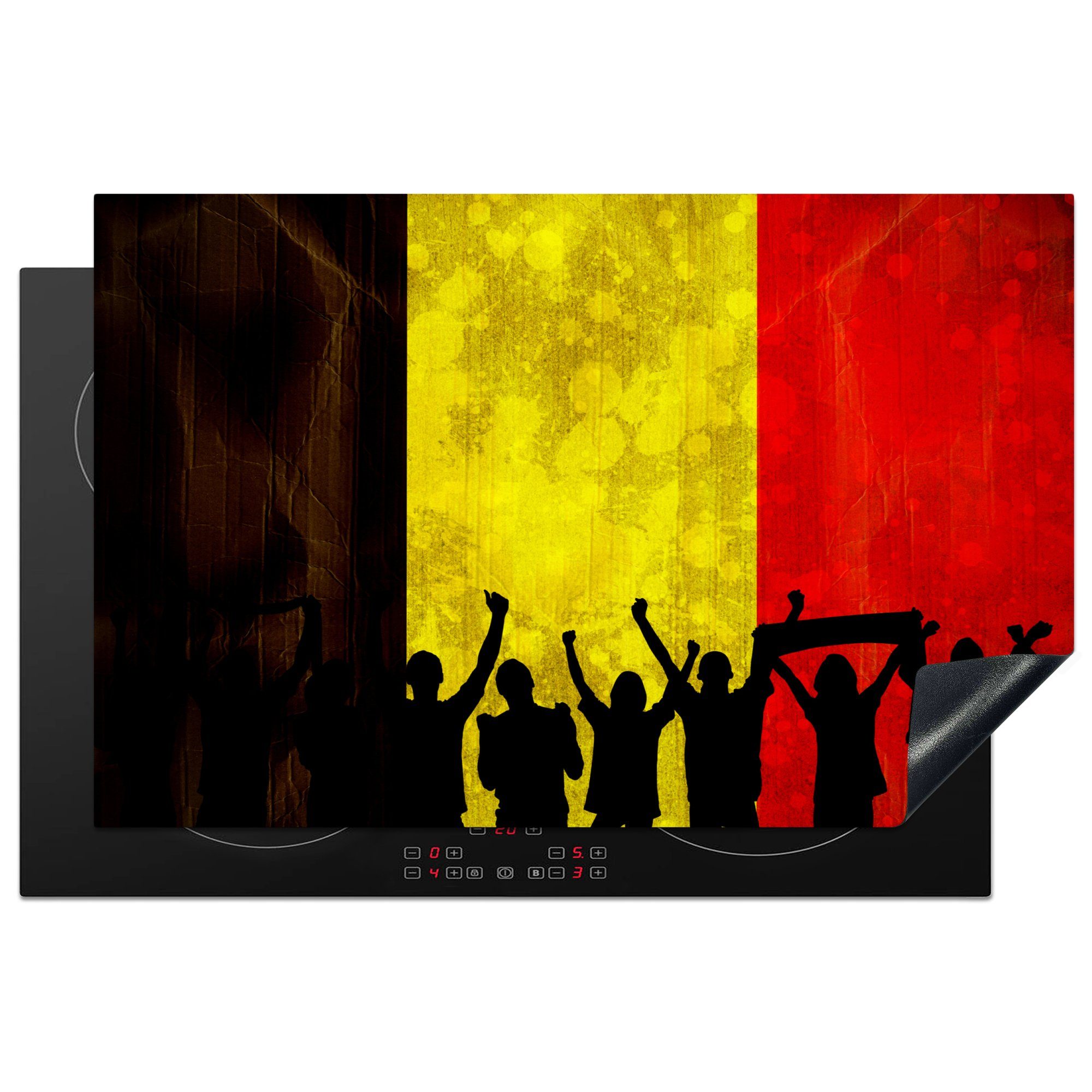 MuchoWow Herdblende-/Abdeckplatte Jubelnde Fans vor der belgischen Flagge, Vinyl, (1 tlg), 81x52 cm, Induktionskochfeld Schutz für die küche, Ceranfeldabdeckung