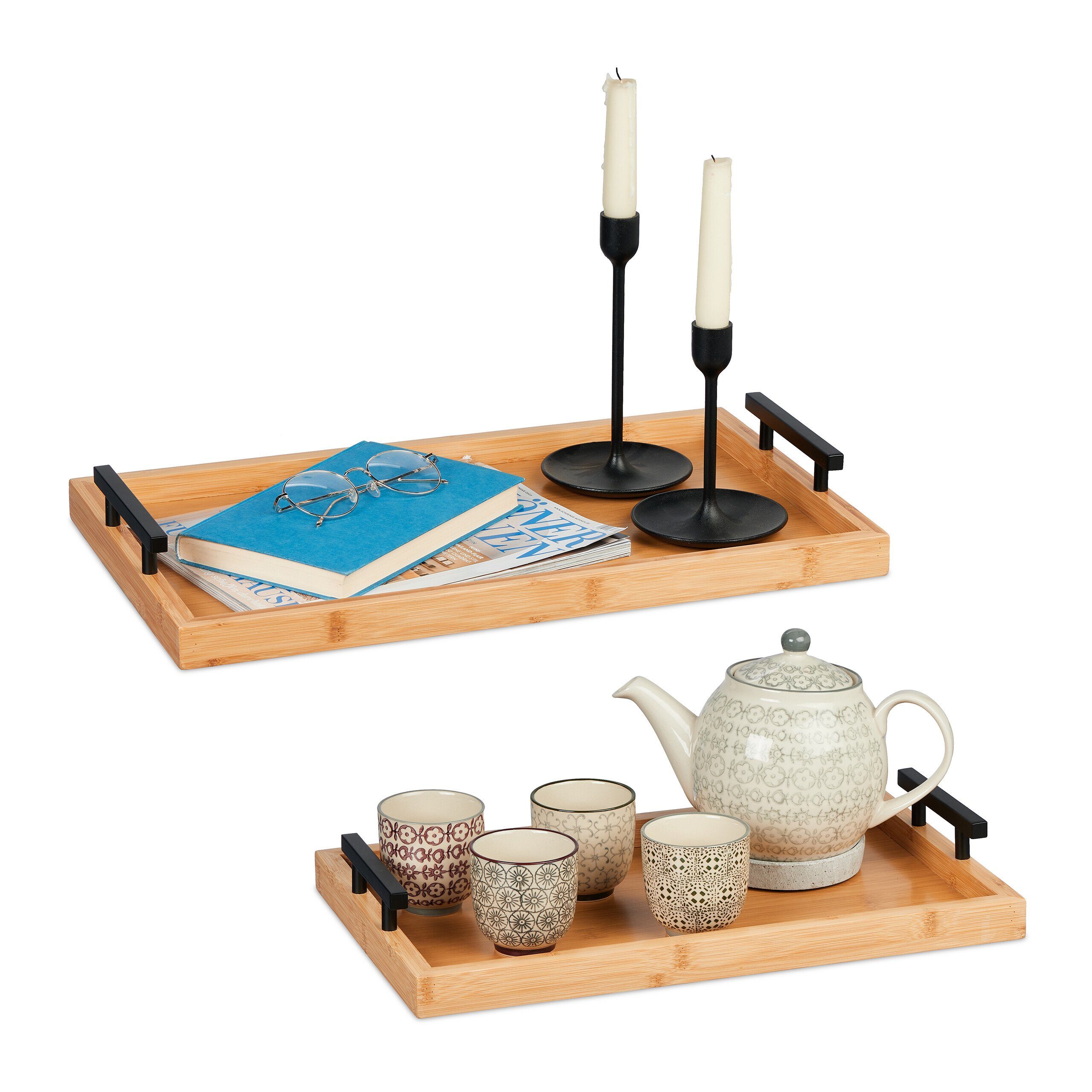 relaxdays Tablett 2er Set aus Bambus, Bambus, (2-tlg)