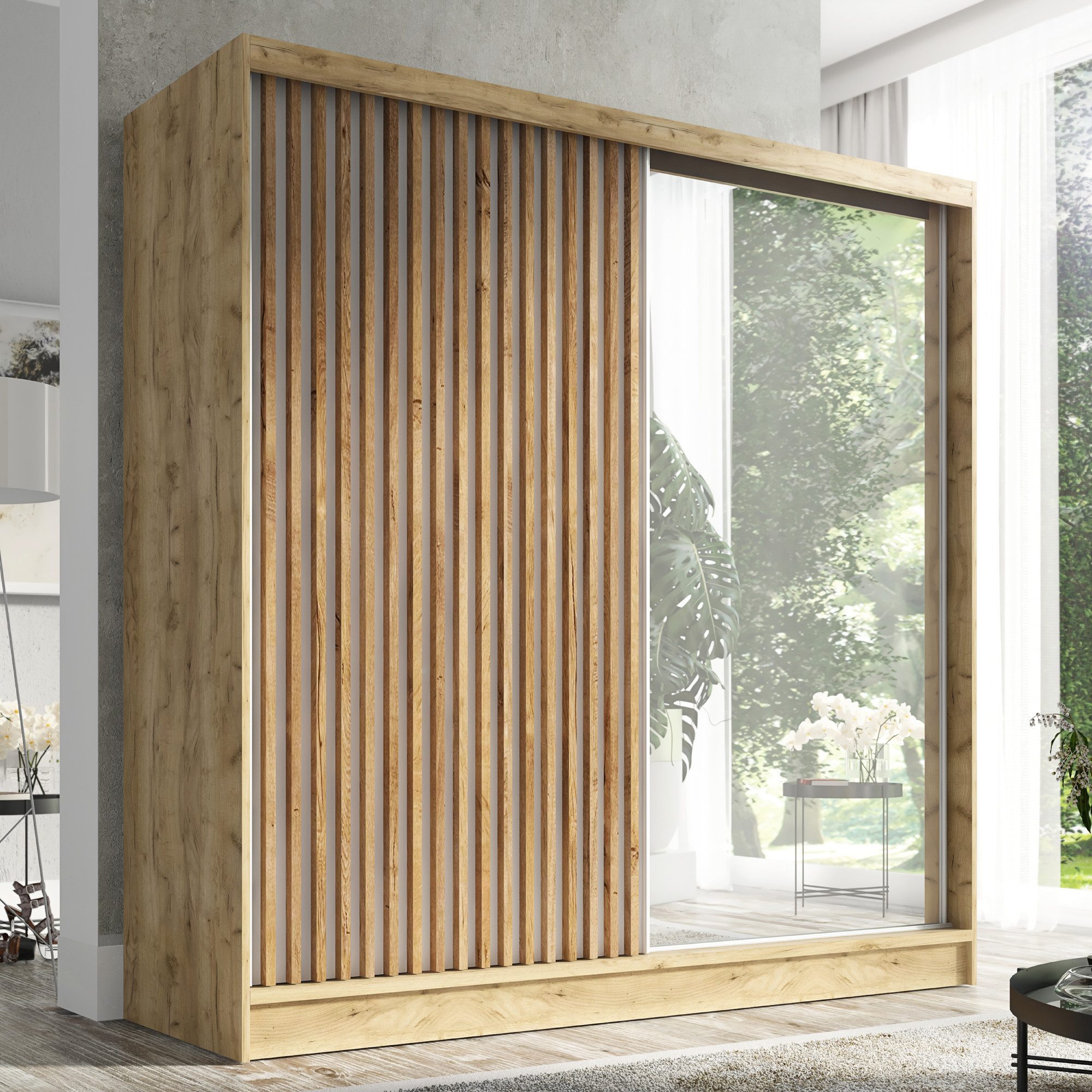 A&J MöbelLand GmbH Schiebetürenschrank LINA mit 3 Schubladen, 3D-Lamellen und Spiegel (TOP ANGEBOT! Geräumiger Schrank mit einer Breite von 200 cm und Spiegel,  – Bild 2 von 5