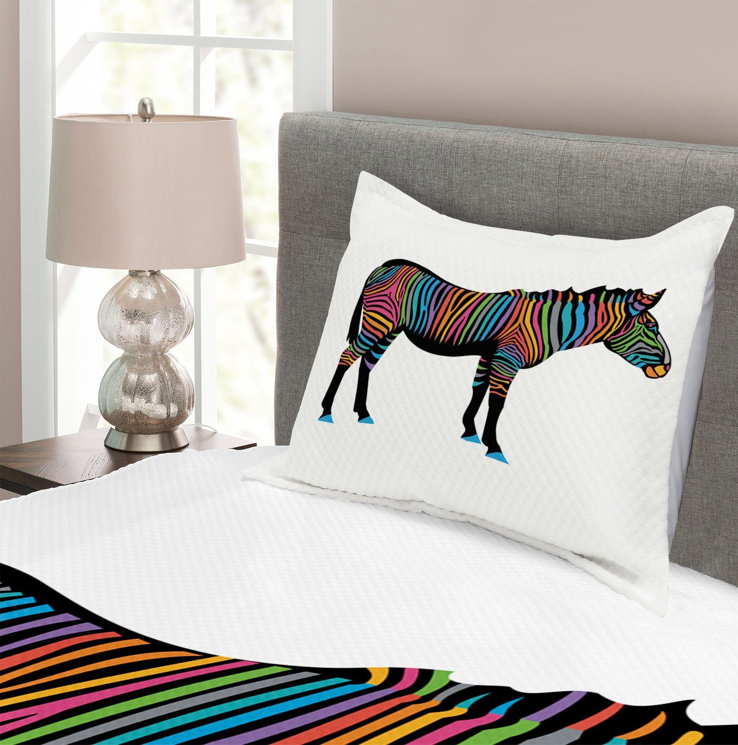 Tagesdecke Set Zebra Kissenbezügen mit Tier Abakuhaus, Bunte Regenbogen Zeilen Waschbar,