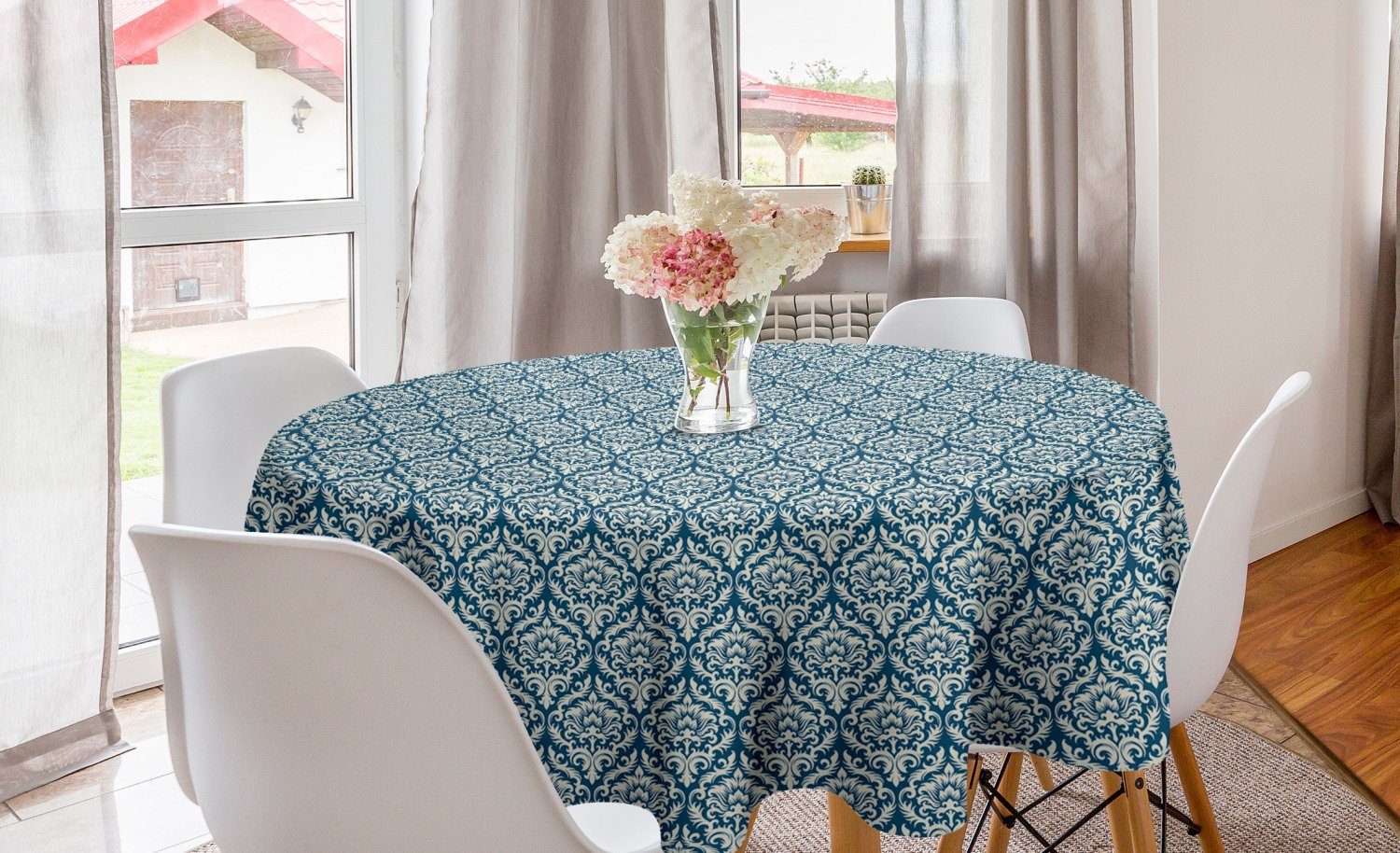 für Blaues Blumenmuster Küche Abdeckung Dekoration, Tischdecke Tischdecke Abakuhaus Esszimmer Damast Kreis