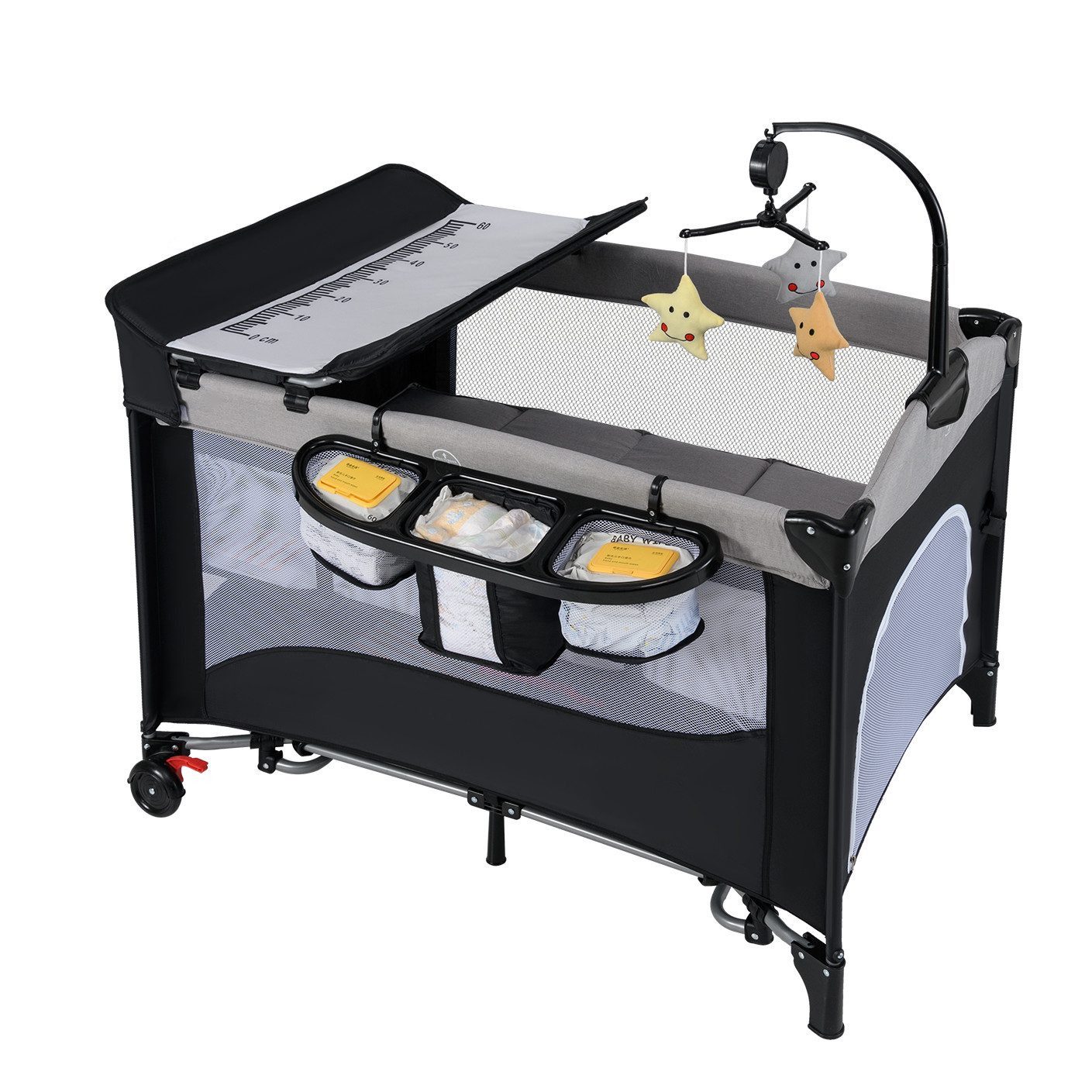 COSTWAY Beistellbett, 5 in 1 Babybett, Reisebett, höhenverstellbar, mit Rollen