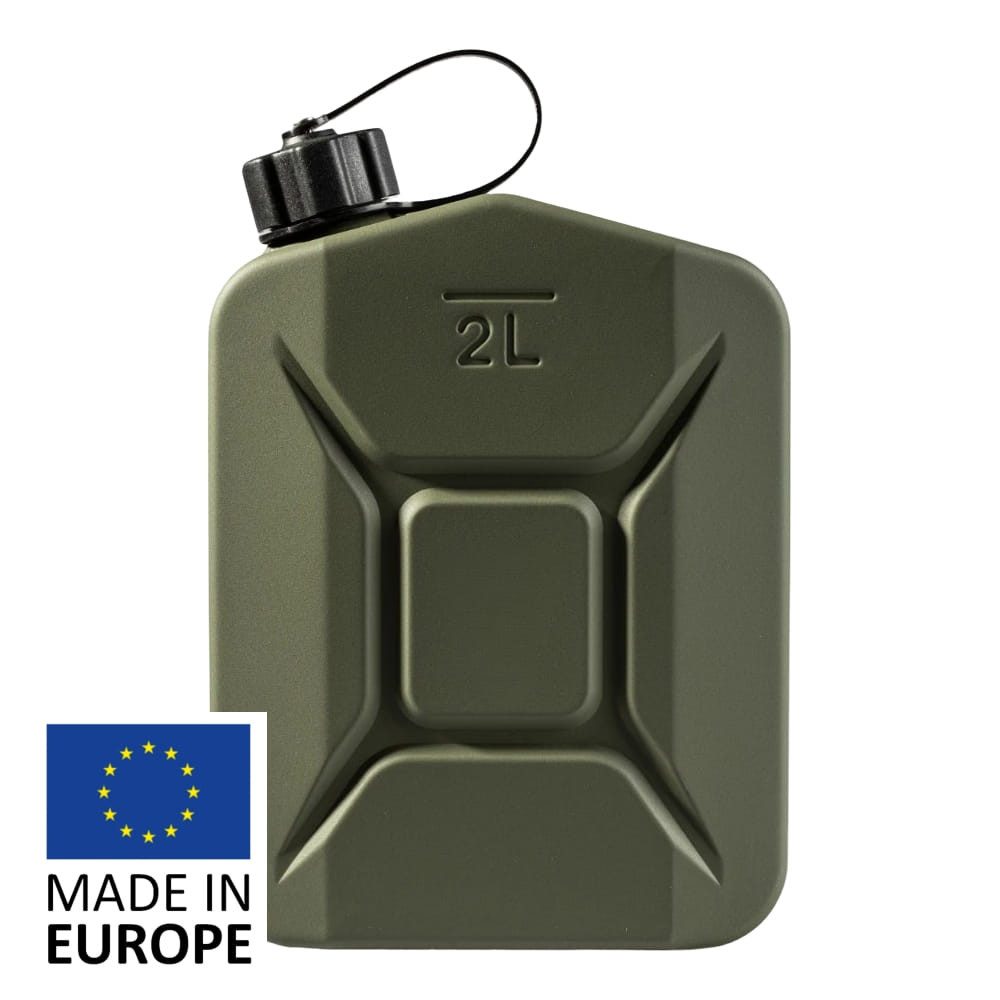 BW Benzinkanister Metall Kraftstoffkanister "Proper" (2 Liter, Olivgrün Bronzegrün - RAL 6031-F9), Made in Europe
