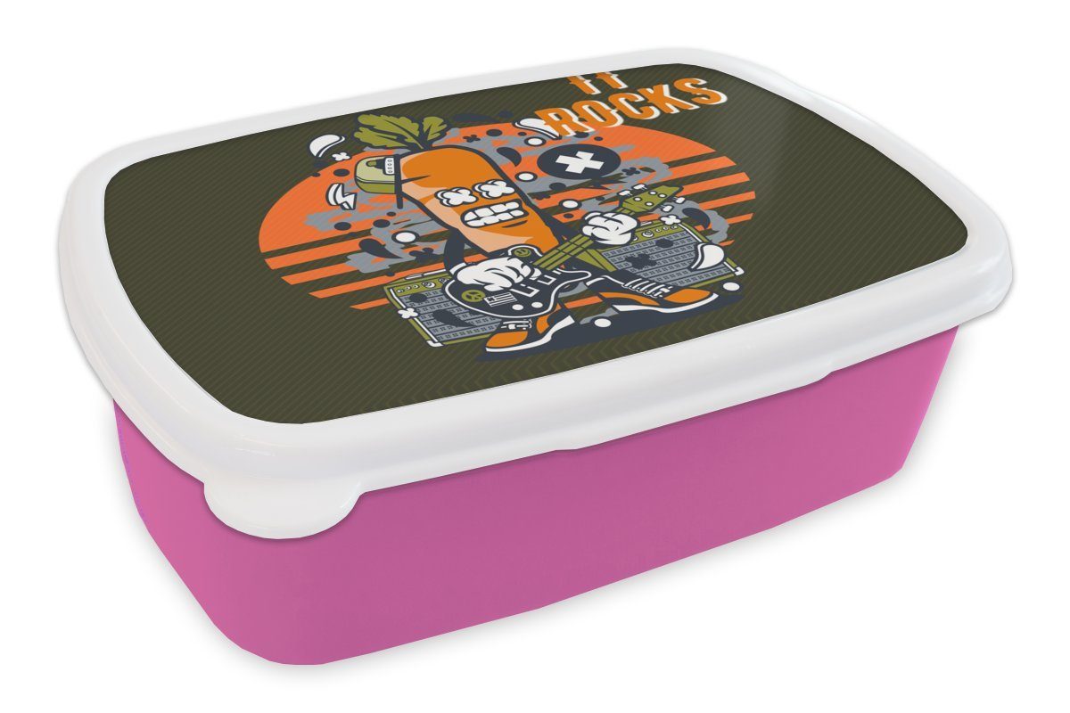 MuchoWow Lunchbox Karotte - Gitarre - Retro, Kunststoff, (2-tlg), Brotbox für Erwachsene, Brotdose Kinder, Snackbox, Mädchen, Kunststoff rosa