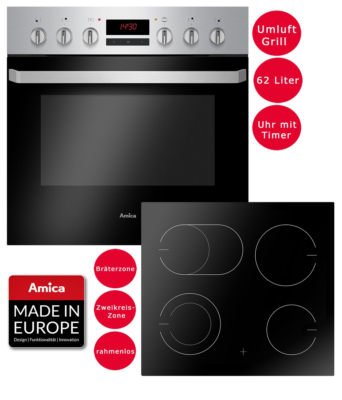 Amica Elektro-Herd-Set Fine Design Herd Set Backofen Glaskeramik Kochfeld Umluft Timer Bräterzone, Steam Clean Reinigung, Umluft Grill Kochfeld mit Bräter-+ Zweiskreis-Zone