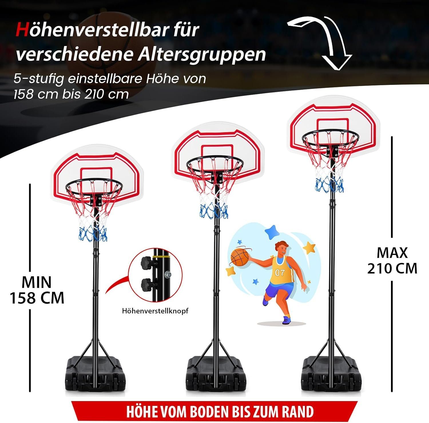 Rollen, höhenverstellbar COSTWAY 158-210cm Basketballständer, mit